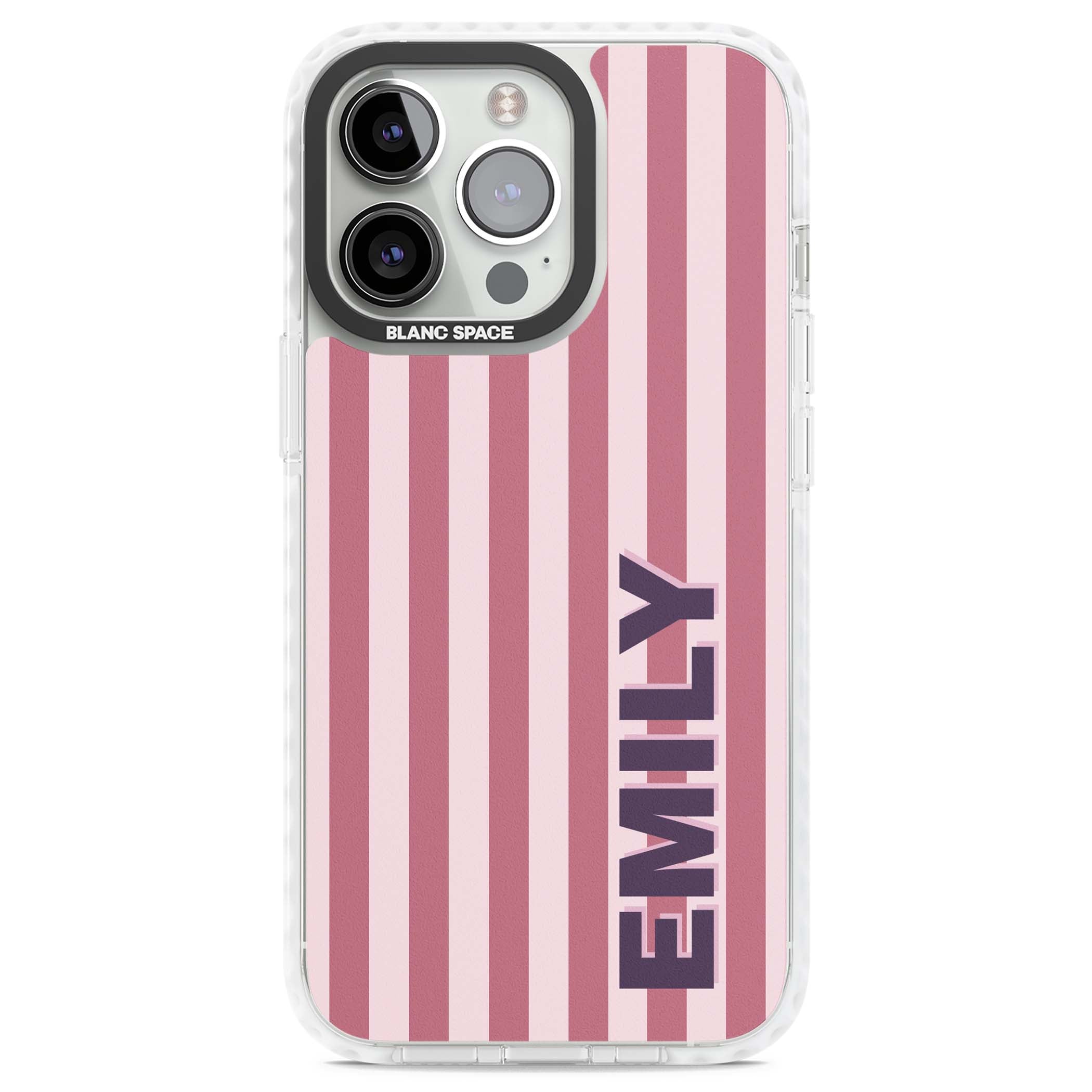 Victoria Stripe personalised iPhone case featuring pink vertical stripes and custom name in bold plum lettering | Clear Impact case for iPhone 13 Pro, iPhone 14 Pro, iPhone 15 Pro