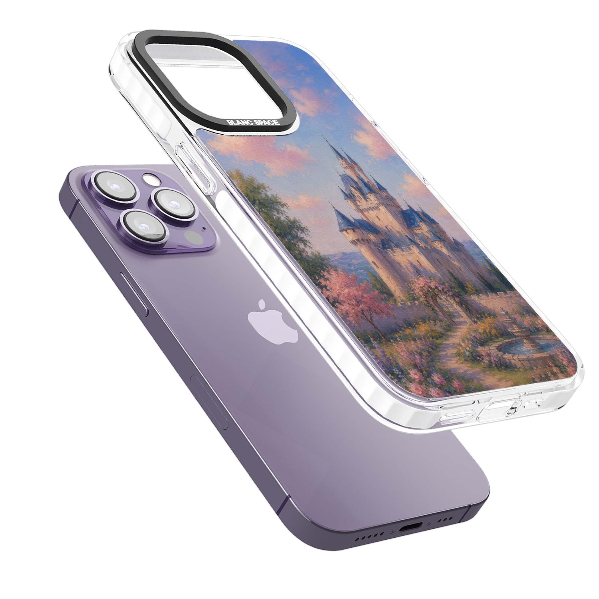 Enchanted Kingdom fairytale iPhone case featuring a romantic castle painting with cherry blossoms and pastel pink sky | Clear Impact case for iPhone 13 Pro, iPhone 14 Pro, iPhone 15 Pro