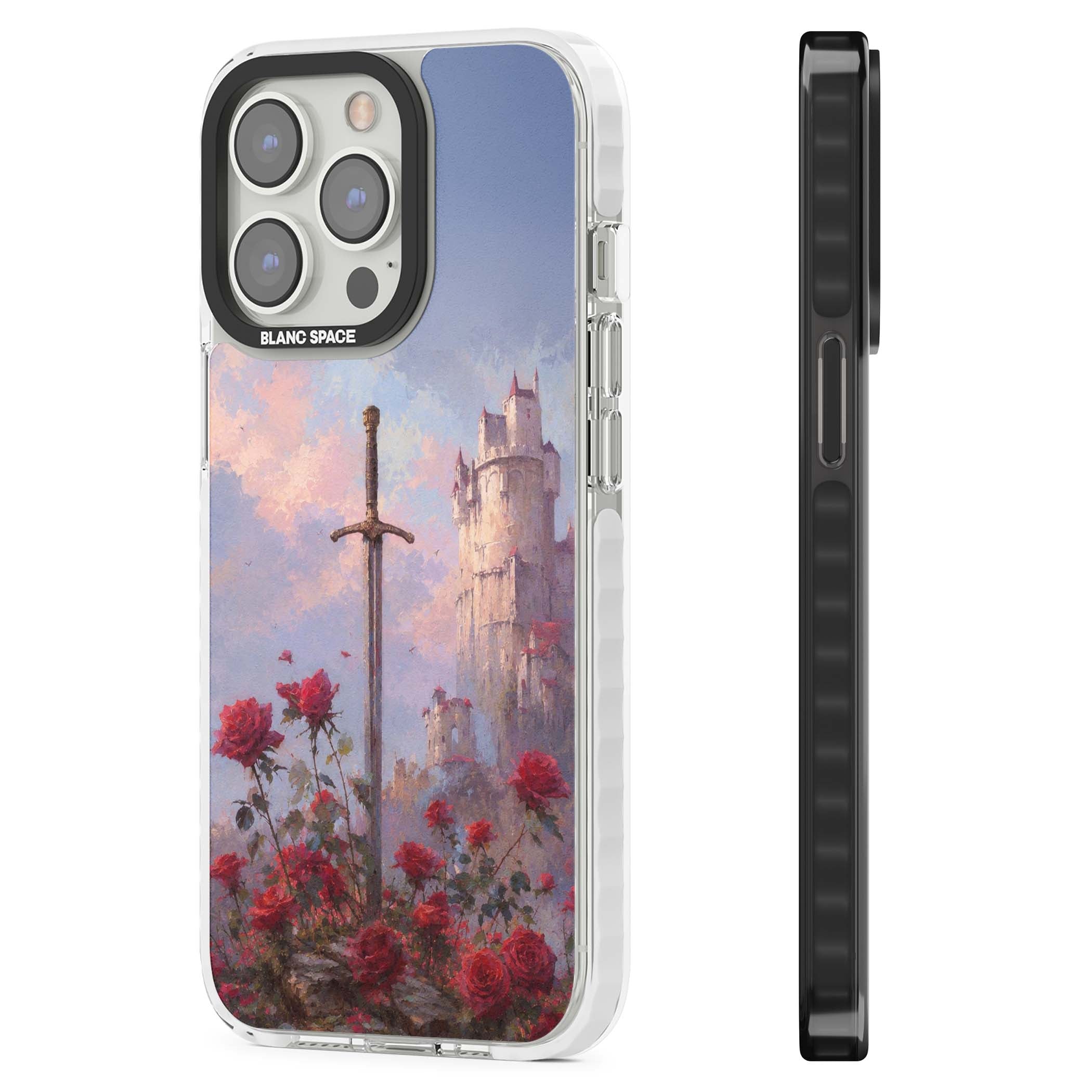 Sword in Roses medieval art iPhone case featuring a sword, red roses, and a misty fairytale castle at sunset | Clear Impact case for iPhone 13 Pro, iPhone 14 Pro, iPhone 15 Pro