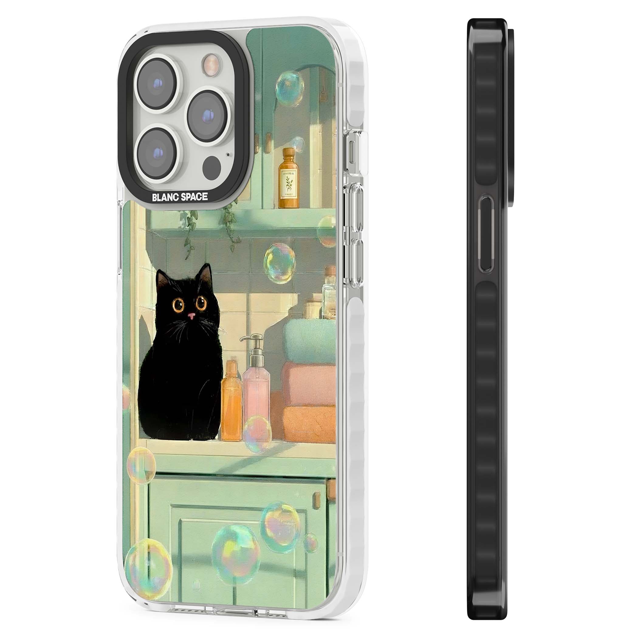 Bathroom Bubble Kitty cottagecore iPhone case featuring a black cat, mint bathroom scene and floating soap bubbles | Clear Impact case for iPhone 13 Pro, iPhone 14 Pro, iPhone 15 Pro