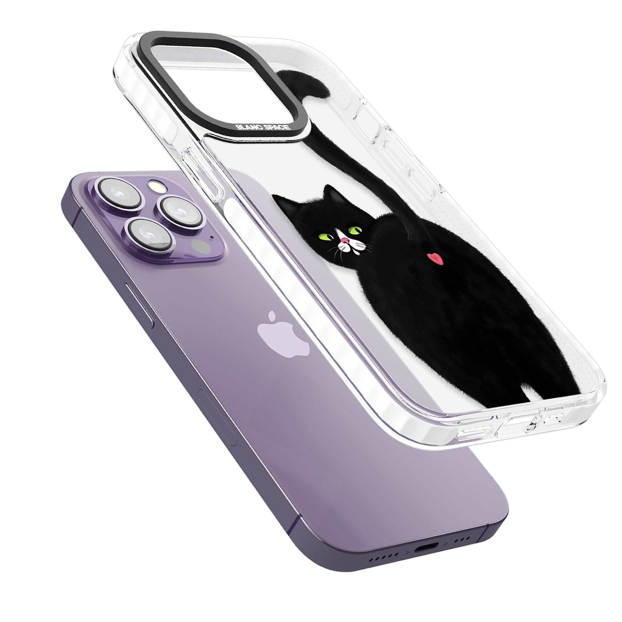 The Cat's Kiss cute cat iPhone case featuring a hand-painted tuxedo kitty with green eyes and a pink heart on a clear  | Clear Impact case for iPhone 13 Pro, iPhone 14 Pro, iPhone 15 Pro