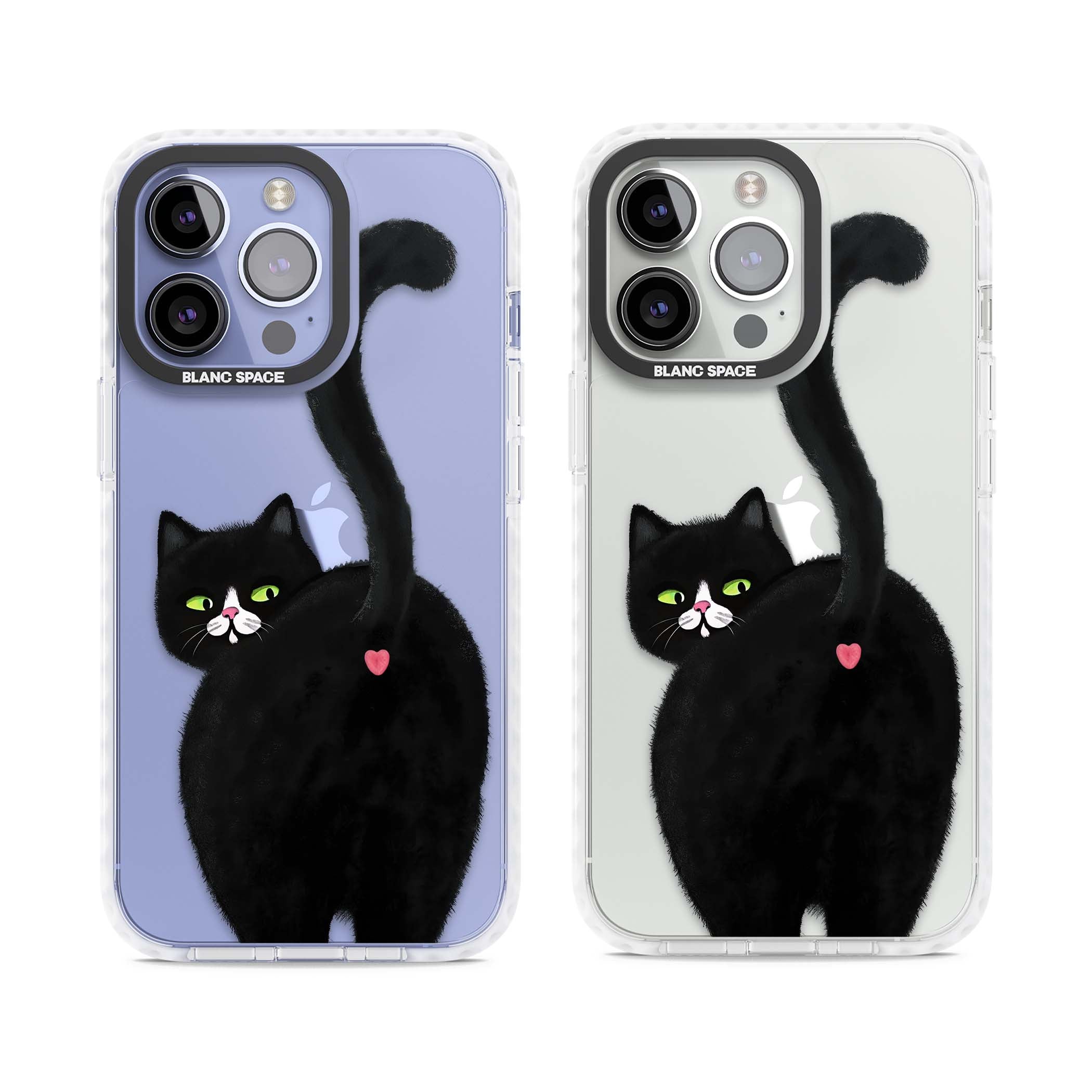 The Cat's Kiss cute cat iPhone case featuring a hand-painted tuxedo kitty with green eyes and a pink heart on a clear  | Clear Impact case for iPhone 13 Pro, iPhone 14 Pro, iPhone 15 Pro