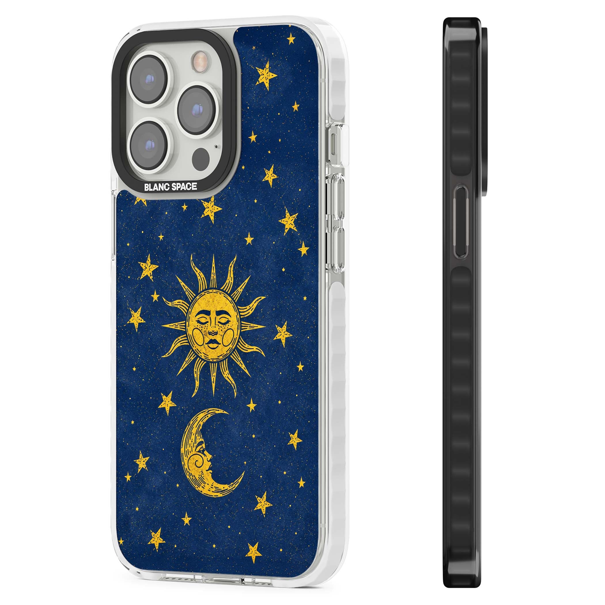 Sun & Moon Reverie celestial iPhone case featuring a vintage golden sun, crescent moon and scattered stars on midnight blue | Clear Impact case for iPhone 13 Pro, iPhone 14 Pro, iPhone 15 Pro