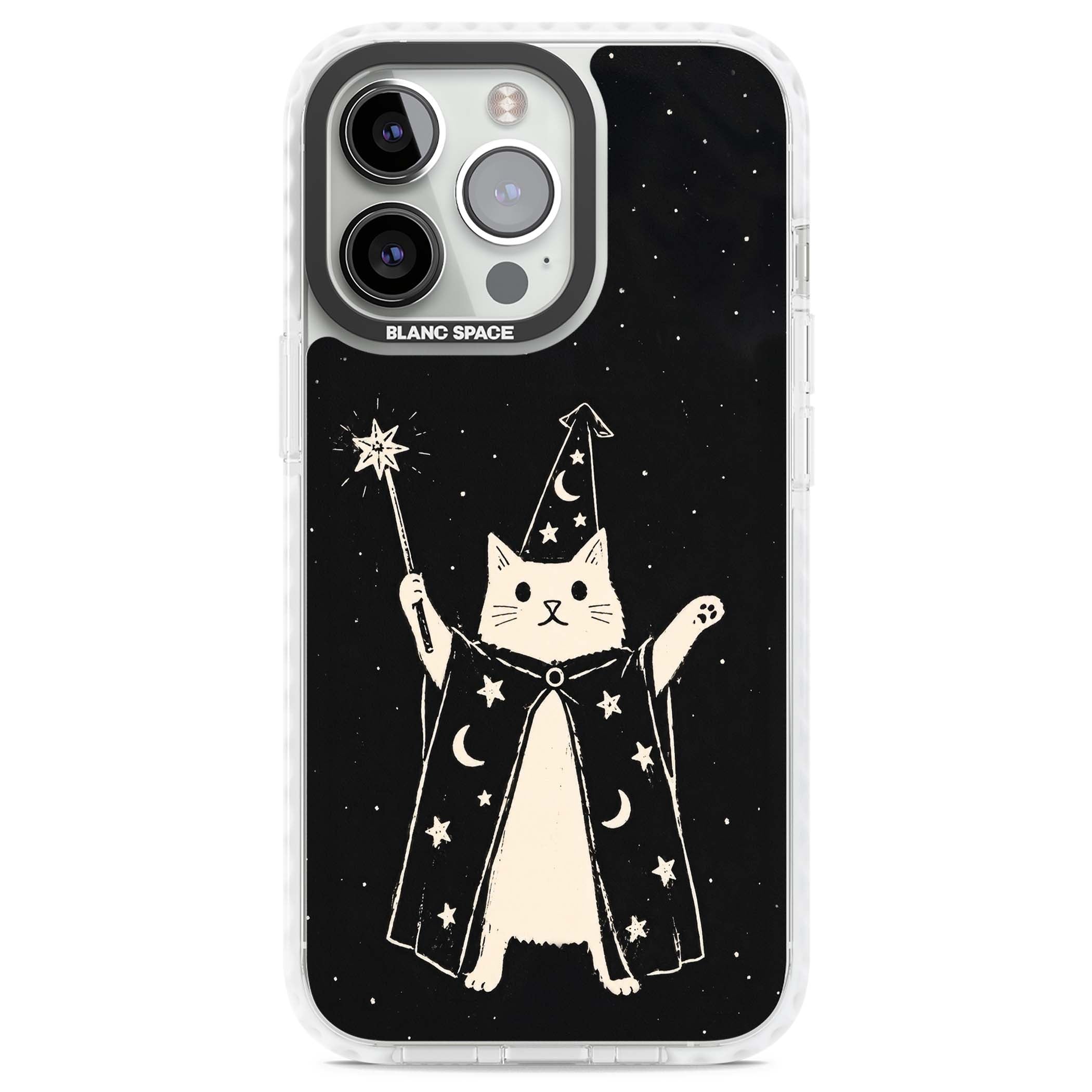 Whisker Wizard celestial cat iPhone case featuring a wizard cat with magic wand, starry night sky and crescent moons | Clear Impact case for iPhone 13 Pro, iPhone 14 Pro, iPhone 15 Pro