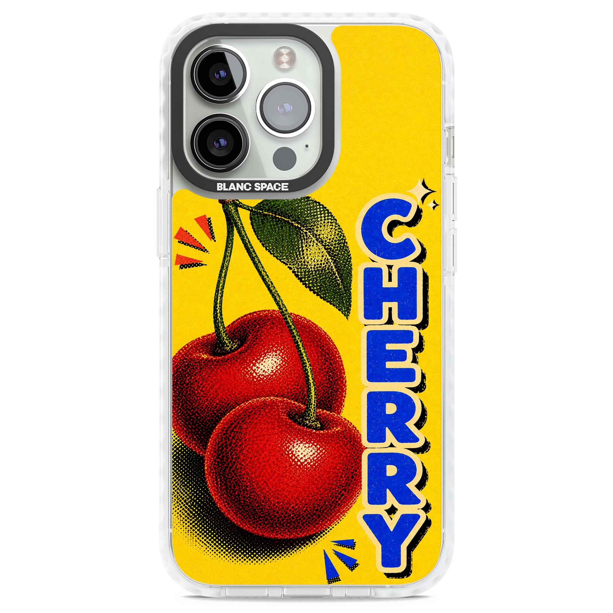 Cherry Yellow y2k iPhone case featuring two red cherries, halftone shading and bold blue CHERRY lettering on yellow | Clear Impact case for iPhone 13 Pro, iPhone 14 Pro, iPhone 15 Pro