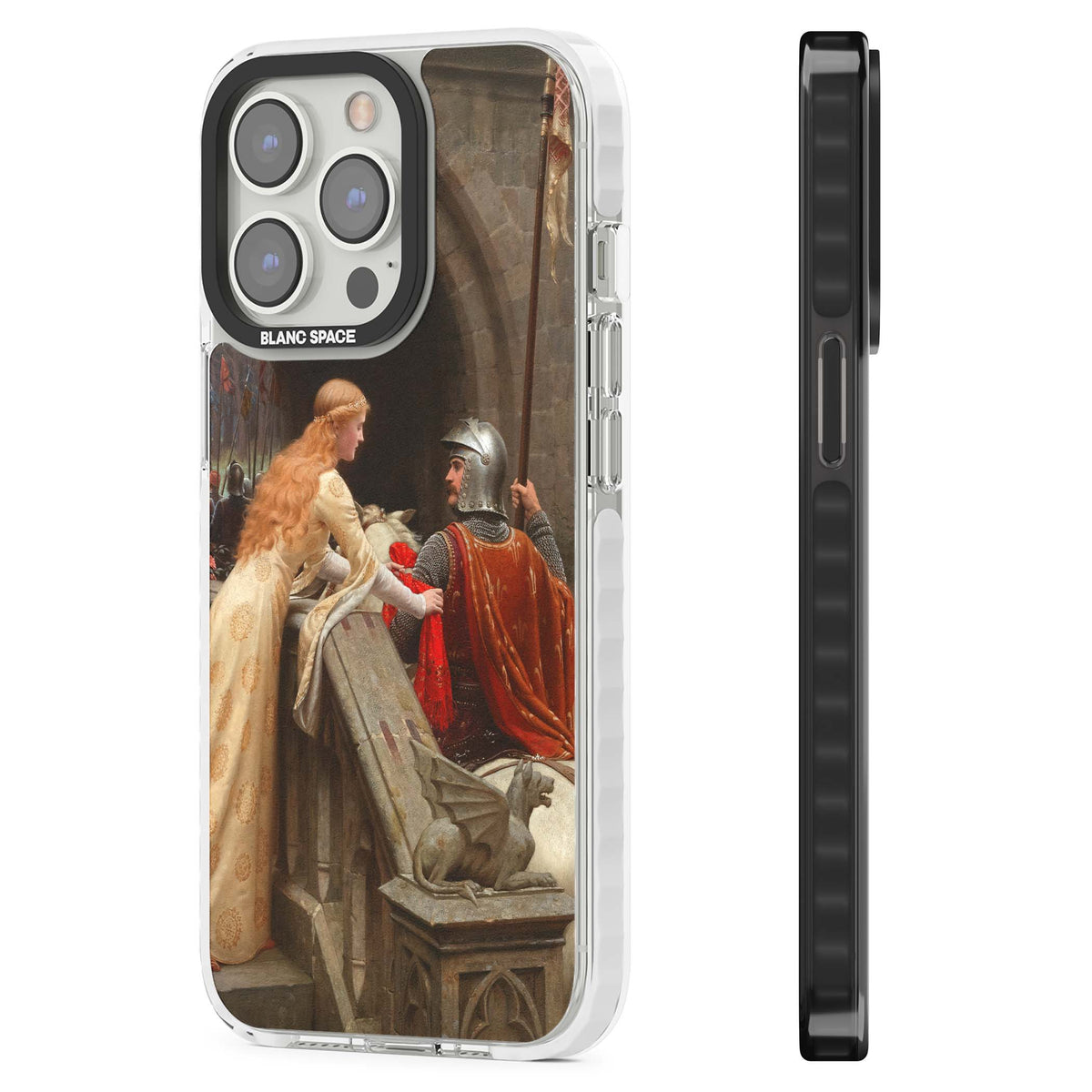 God Speed fine art iPhone case featuring Edmund Blair Leighton's medieval knight and lady beneath a stone archway | Clear Impact case for iPhone 13 Pro, iPhone 14 Pro, iPhone 15 Pro