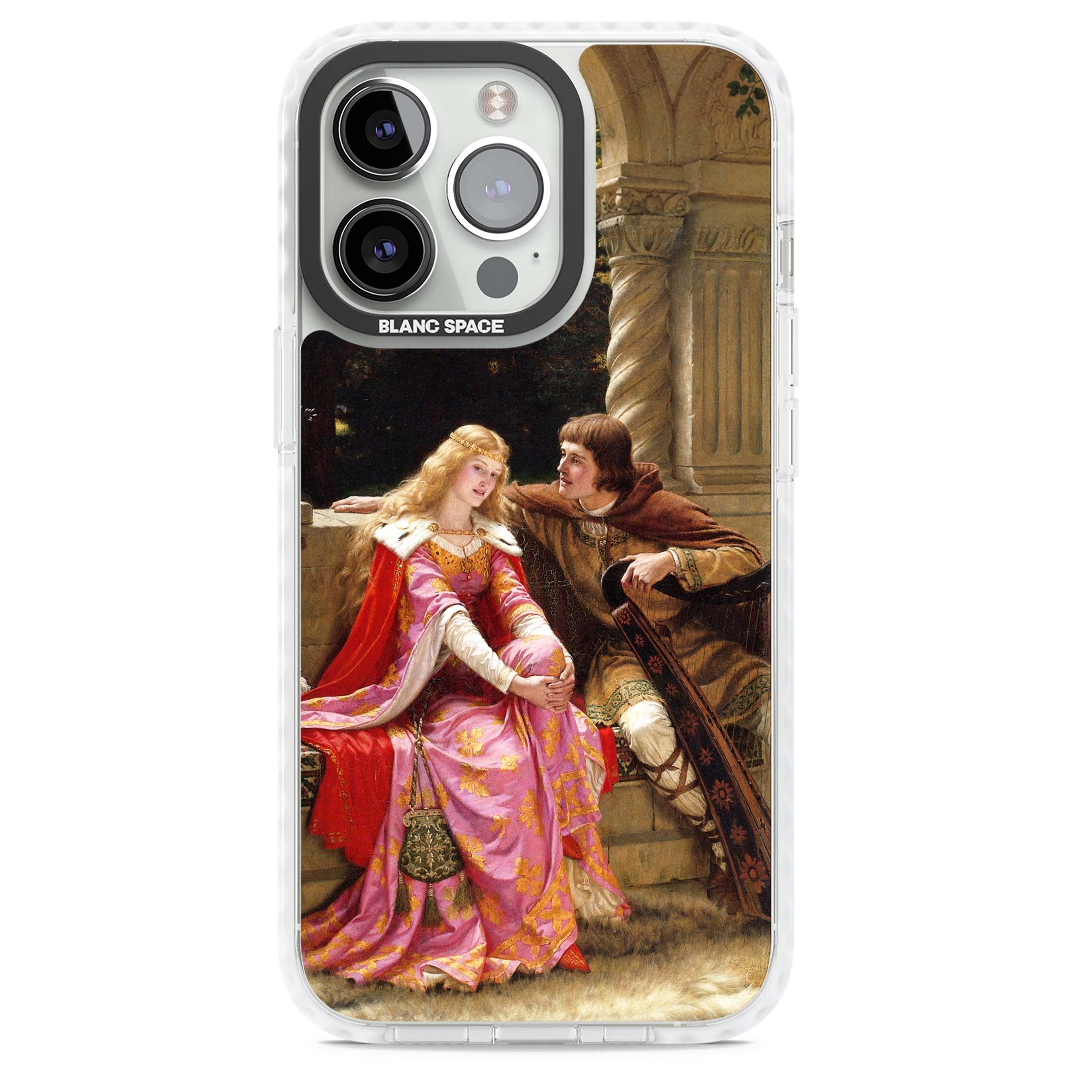 The End of the Song classic art iPhone case featuring a medieval lady in pink gown and her knight in a stone archway | Clear Impact case for iPhone 13 Pro, iPhone 14 Pro, iPhone 15 Pro