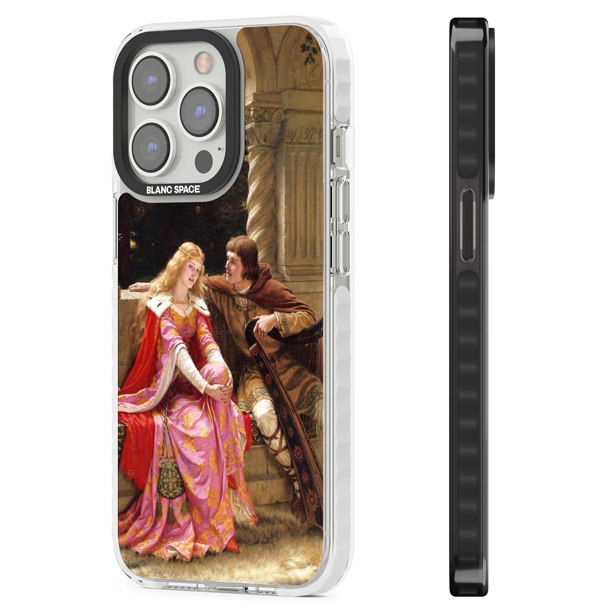 The End of the Song classic art iPhone case featuring a medieval lady in pink gown and her knight in a stone archway | Clear Impact case for iPhone 13 Pro, iPhone 14 Pro, iPhone 15 Pro