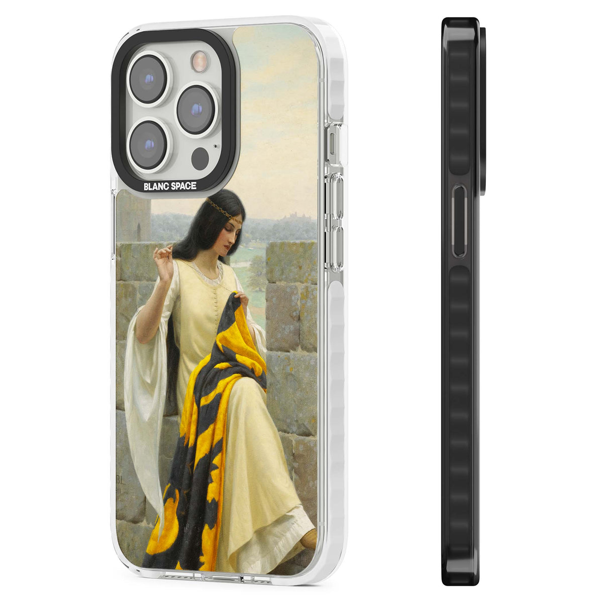 Stitching the Standard renaissance art iPhone case featuring a medieval lady sewing a golden banner on a castle wall | Clear Impact case for iPhone 13 Pro, iPhone 14 Pro, iPhone 15 Pro