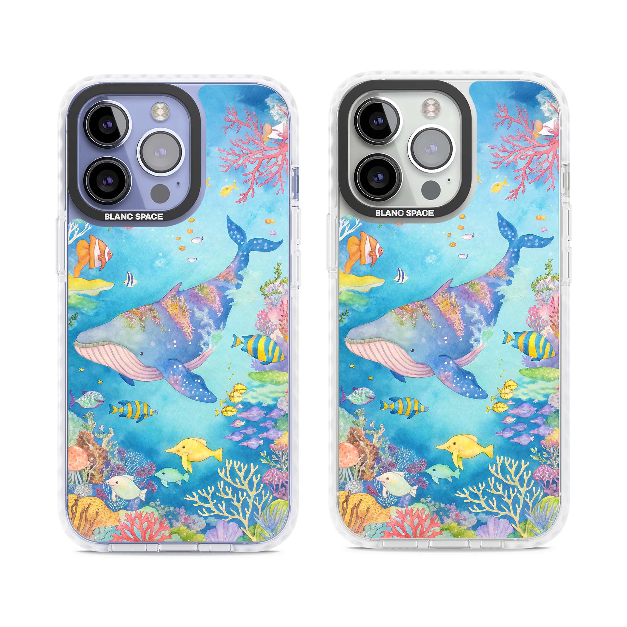 Coral Lagoon ocean iPhone case featuring a watercolour whale, coral reef and tropical fish | Clear Impact case for iPhone 13 Pro, iPhone 14 Pro, iPhone 15 Pro
