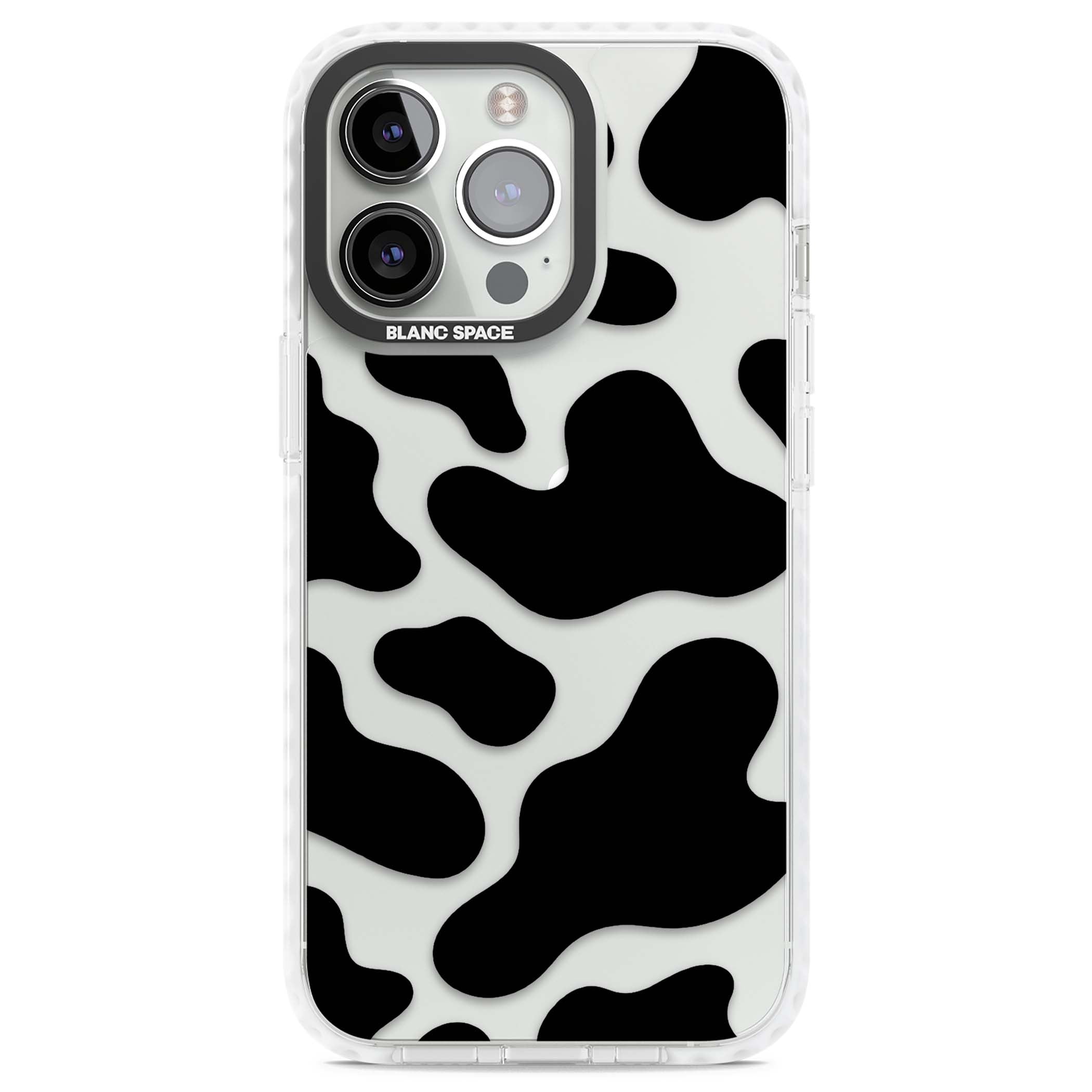 Clear Cow Print cow print iPhone case featuring black and white cow pattern splotches on a clear background | Clear Impact case for iPhone 13 Pro, iPhone 14 Pro, iPhone 15 Pro