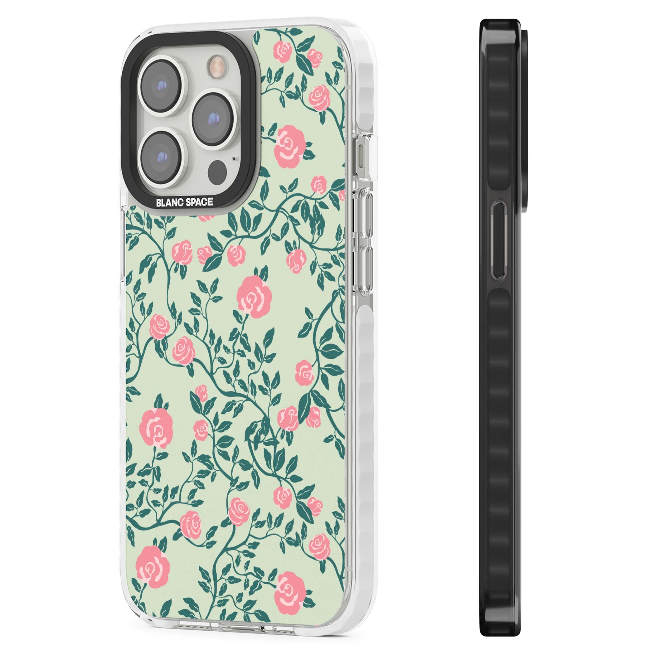 Rose Trellis cottagecore iPhone case featuring pink roses, sage green vines, and mint background | Clear Impact case for iPhone 13 Pro, iPhone 14 Pro, iPhone 15 Pro