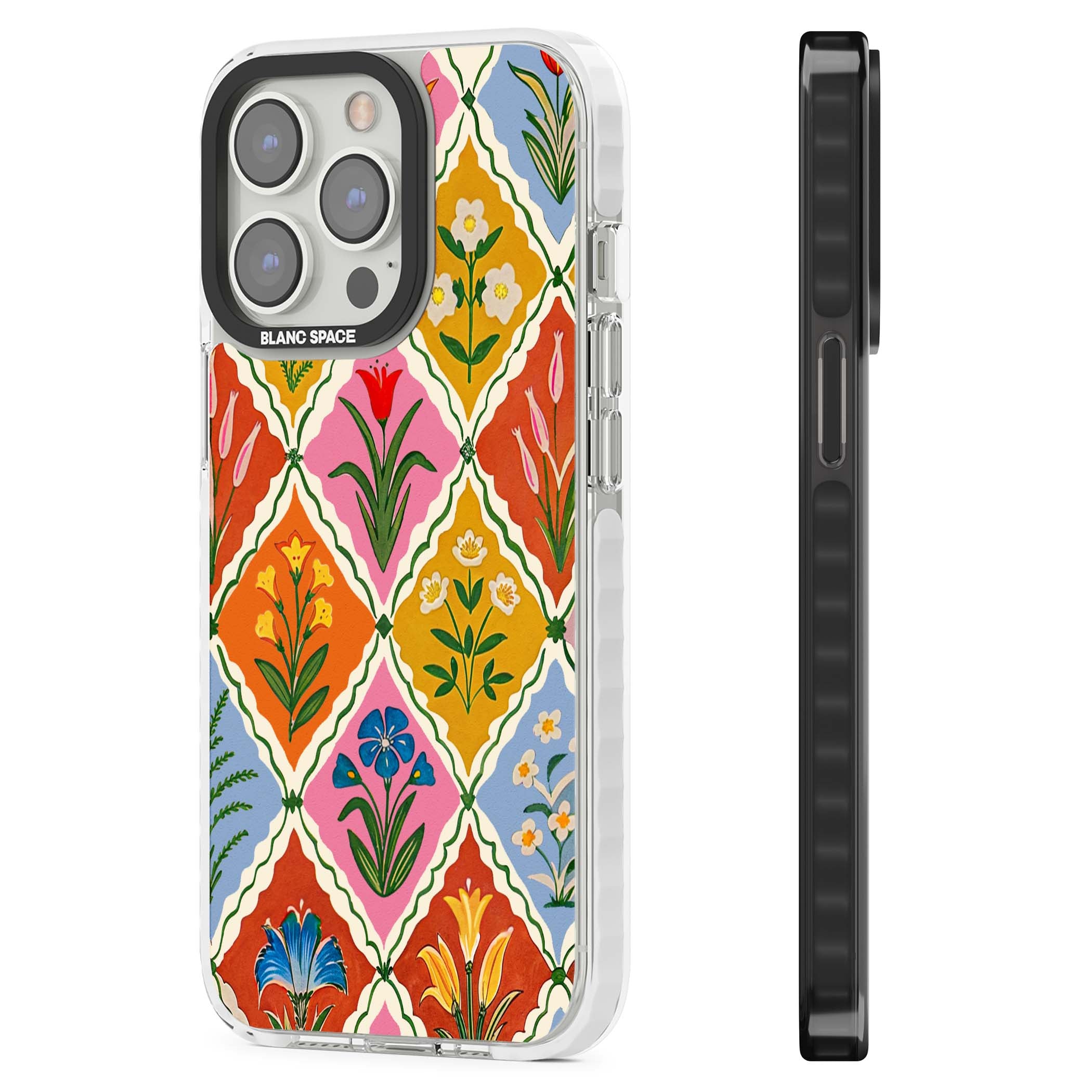 Floral Quilt boho floral iPhone case featuring diamond lattice pattern, hand-painted tulips and folk art wildflowers | Clear Impact case for iPhone 13 Pro, iPhone 14 Pro, iPhone 15 Pro
