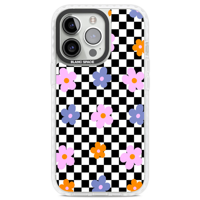 Checkered Blossom Clear Impact Phone Case for iPhone 13 Pro, iPhone 14 Pro, iPhone 15 Pro