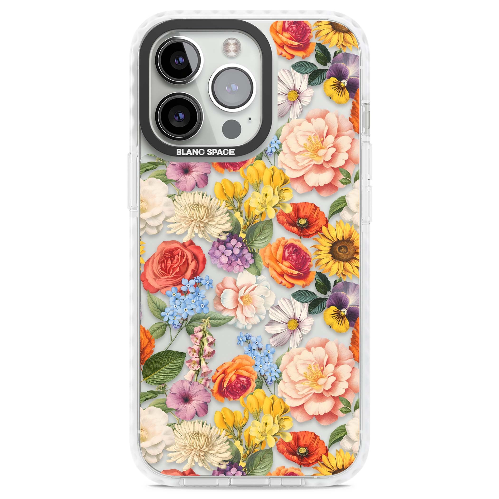 Bloom Basket floral iPhone case featuring cottage garden flowers including peonies, sunflowers, and wildflowers in pastel col | Clear Impact case for iPhone 13 Pro, iPhone 14 Pro, iPhone 15 Pro
