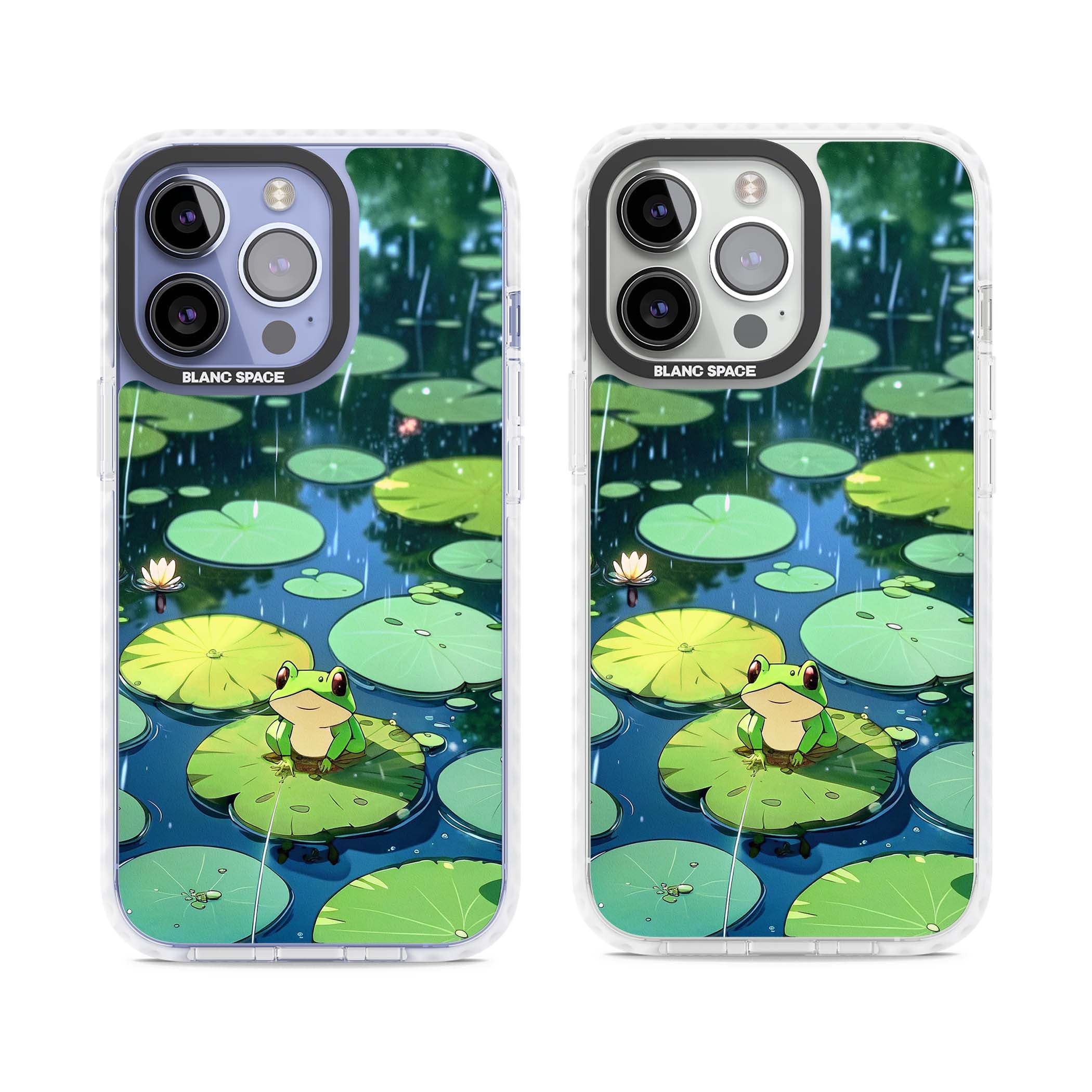 Frog In Lily Pond cottagecore iPhone case featuring a cute green frog on a lily pad with falling rain and a lotus flower | Clear Impact case for iPhone 13 Pro, iPhone 14 Pro, iPhone 15 Pro