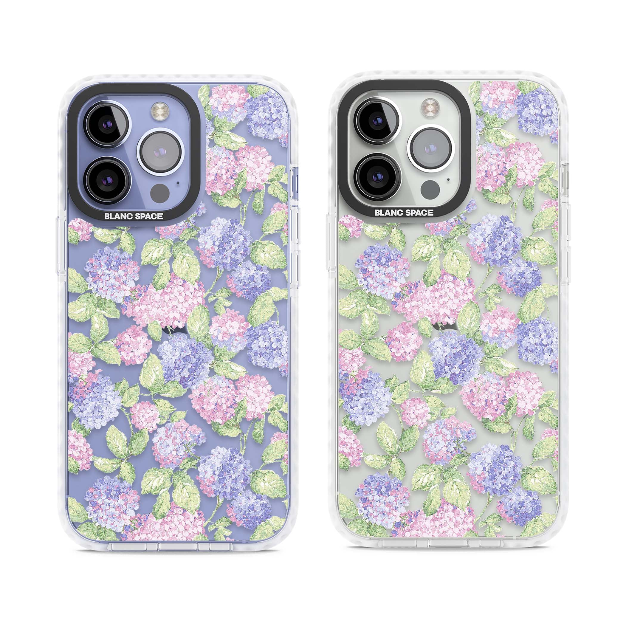 Cottage Hydrangea cottagecore iPhone case featuring pink and purple hydrangea blooms with green leaves on a clear background | Clear Impact case for iPhone 13 Pro, iPhone 14 Pro, iPhone 15 Pro