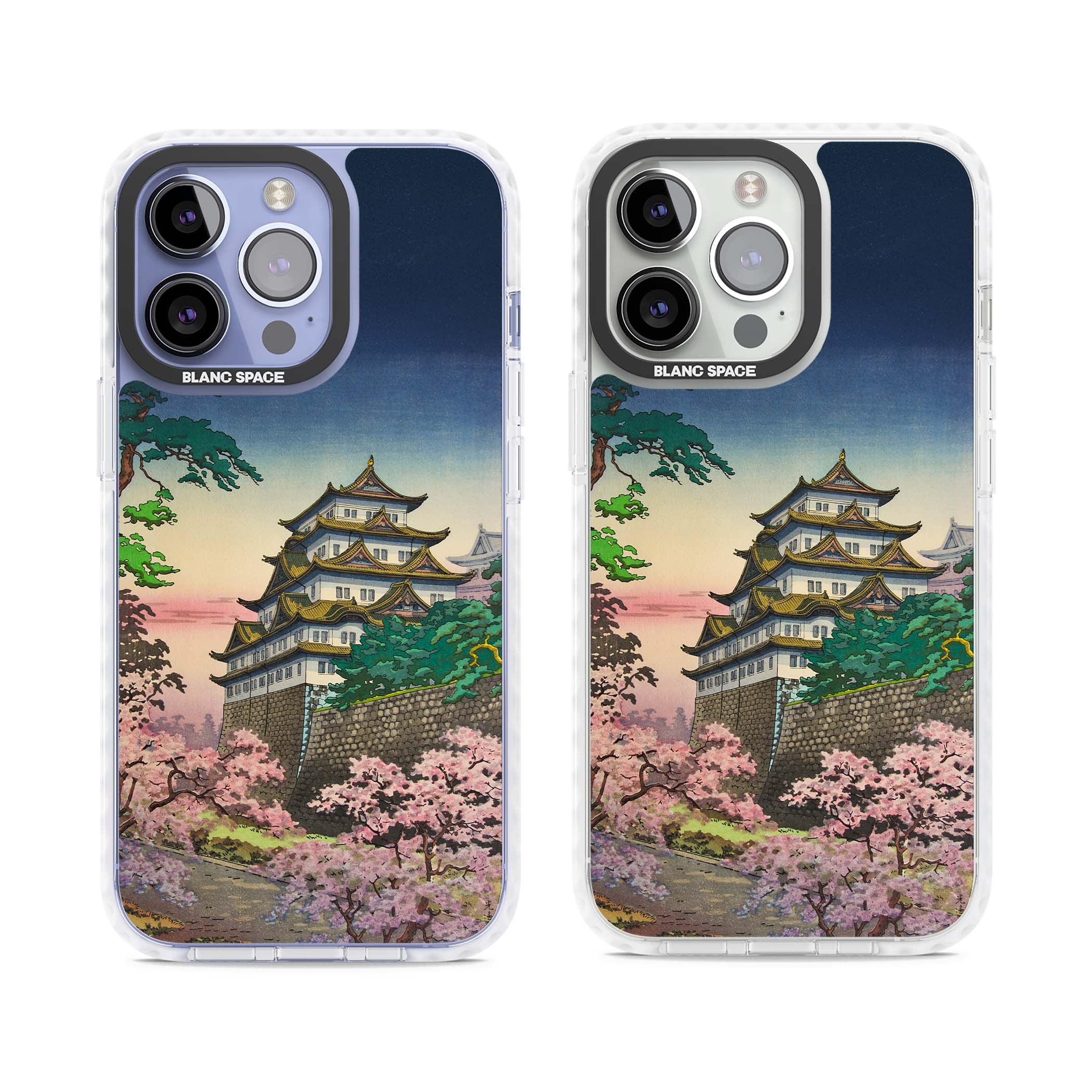 Nagoya Castle Japanese iPhone case featuring a vintage pagoda, twilight sky and cherry blossom trees | Clear Impact case for iPhone 13 Pro, iPhone 14 Pro, iPhone 15 Pro