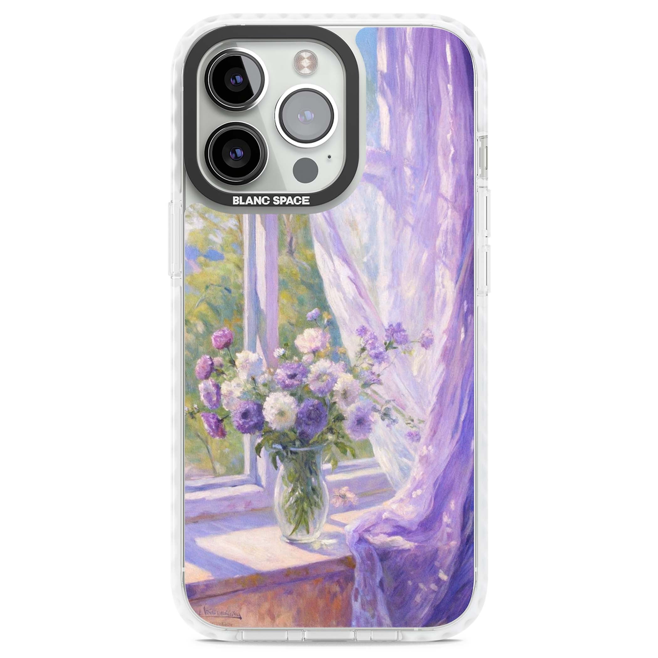 A Provence Morning impressionist art iPhone case featuring a vase of purple flowers, sunlit window and sheer curt | Clear Impact case for iPhone 13 Pro, iPhone 14 Pro, iPhone 15 Pro