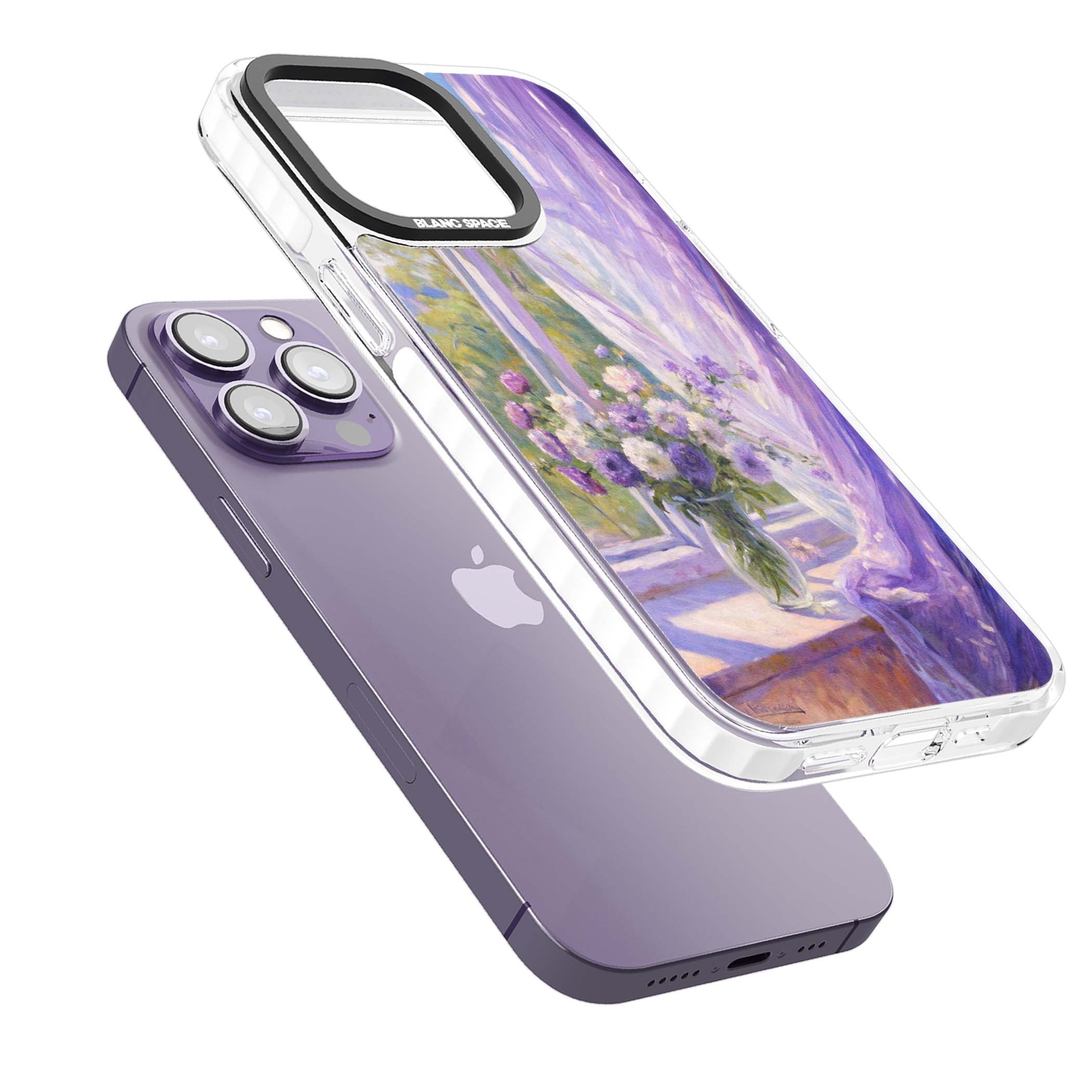 A Provence Morning impressionist art iPhone case featuring a vase of purple flowers, sunlit window and sheer curt | Clear Impact case for iPhone 13 Pro, iPhone 14 Pro, iPhone 15 Pro