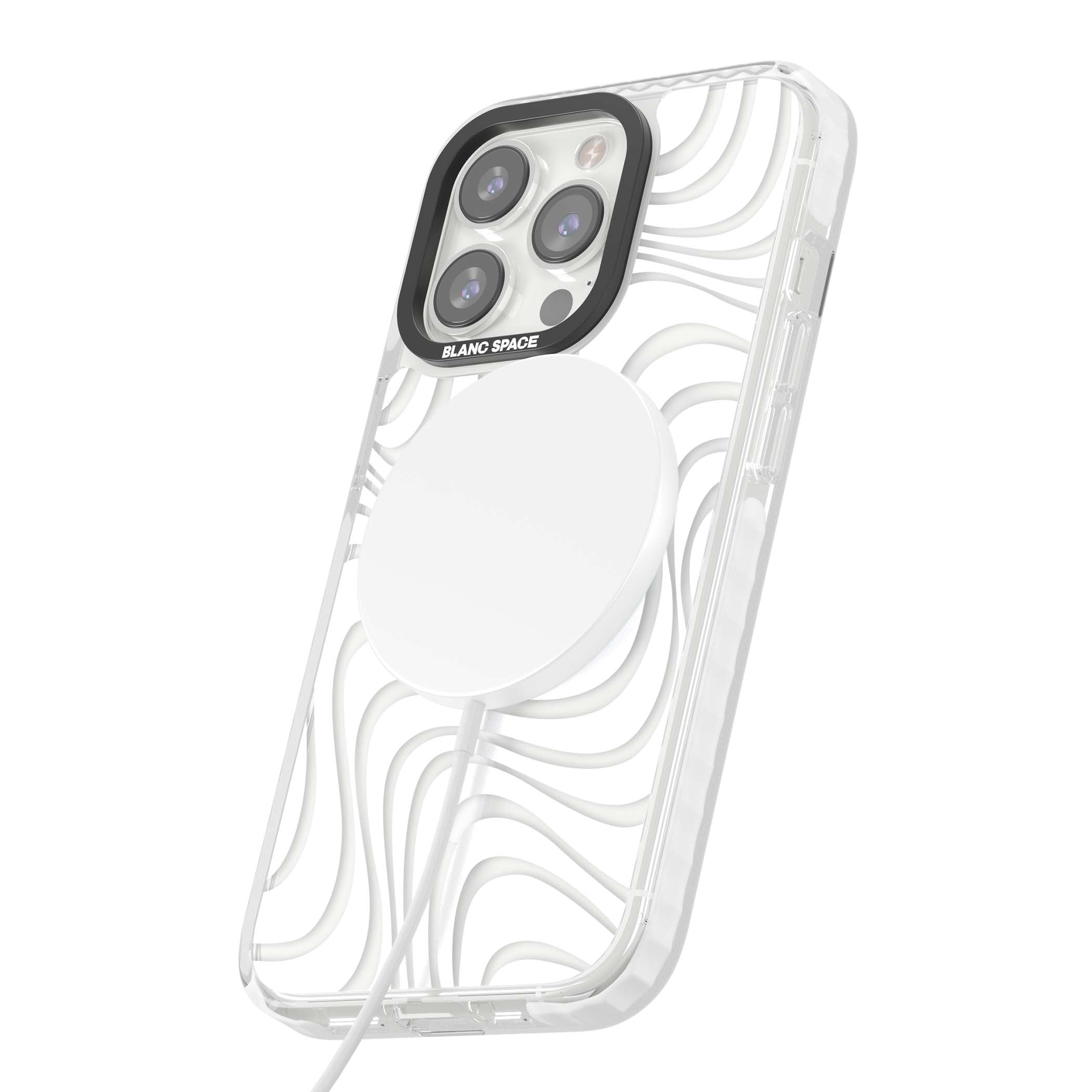 White Abstract Waves abstract iPhone case featuring flowing grey wave pattern on clear background | Impact Magsafe case for iPhone 13 Pro, iPhone 14 Pro, iPhone 15 Pro
