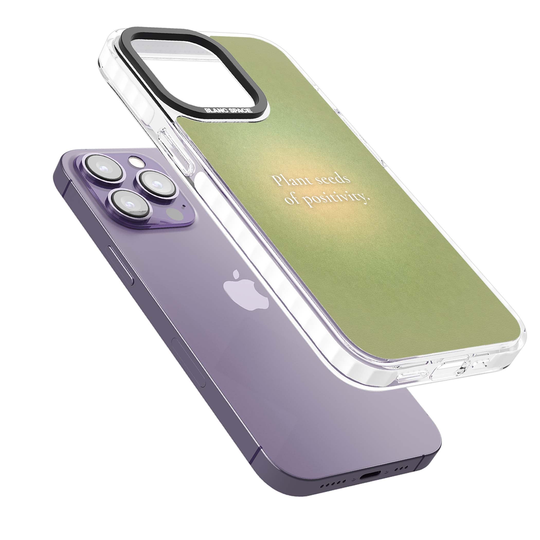 Seeds of Positivity quote iPhone case featuring a sage green aura gradient and golden glow affirmation | Impact Magsafe case for iPhone 13 Pro, iPhone 14 Pro, iPhone 15 Pro