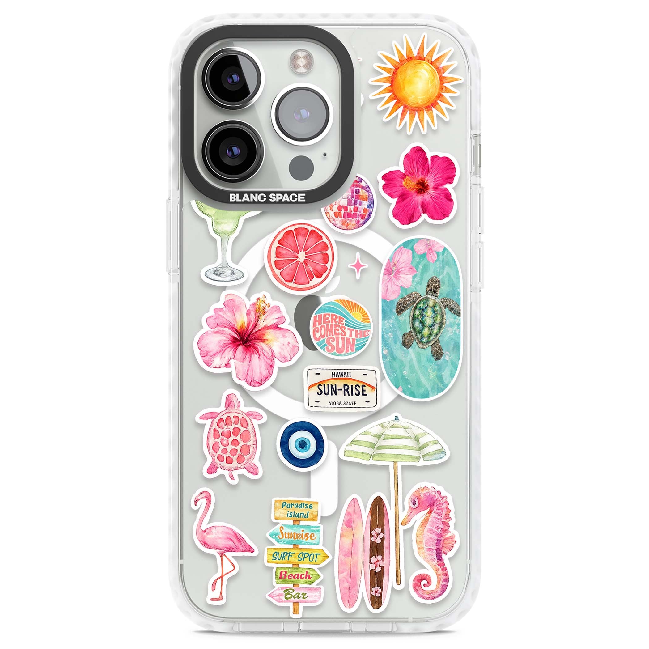Aloha Sticker Mix tropical summer iPhone case featuring pink hibiscus, sea turtles, flamingo and beach umbrella stickers | Impact Magsafe case for iPhone 13 Pro, iPhone 14 Pro, iPhone 15 Pro