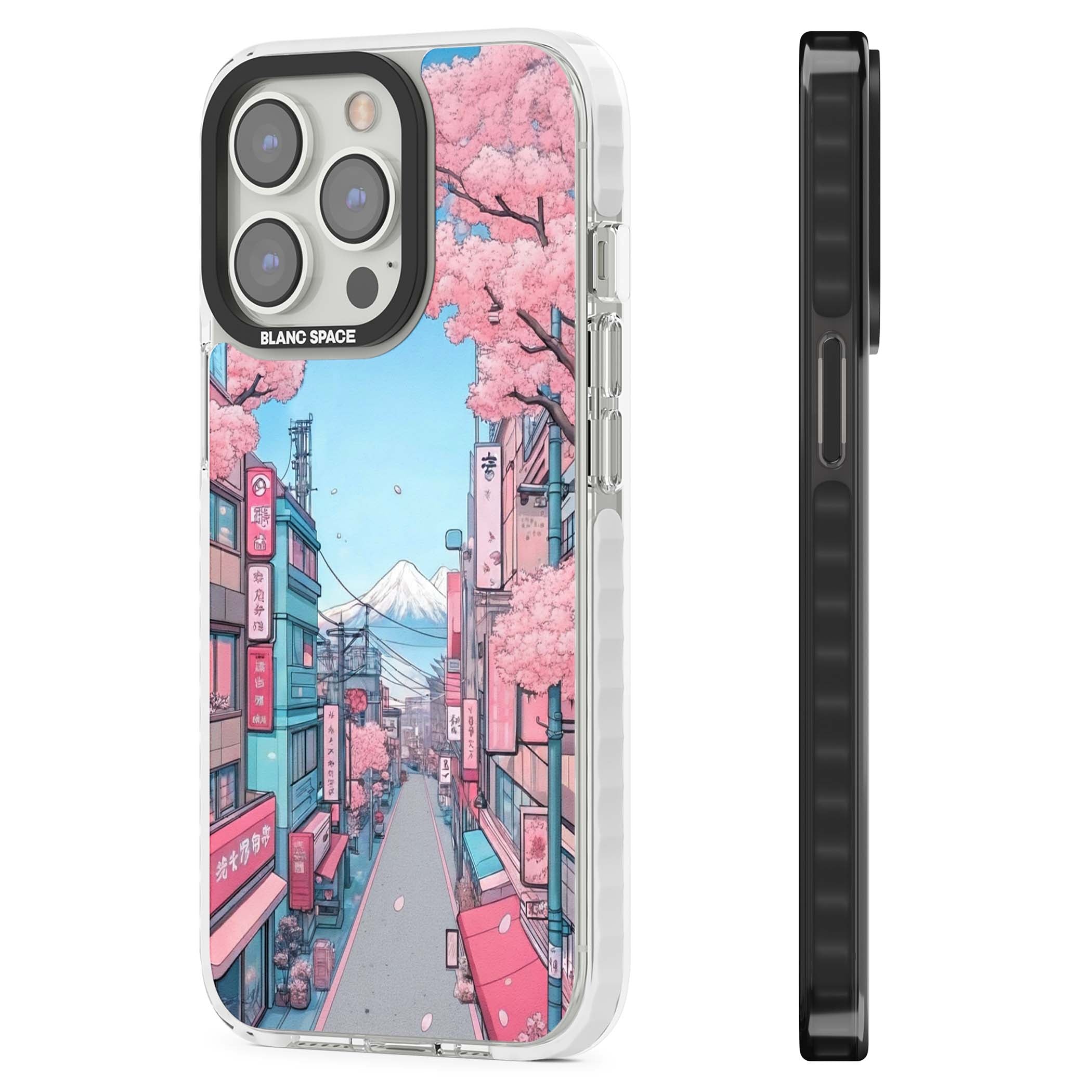 Sakura Lane anime iPhone case featuring Tokyo street scene with cherry blossoms and Mount Fuji | Impact Magsafe case for iPhone 13 Pro, iPhone 14 Pro, iPhone 15 Pro