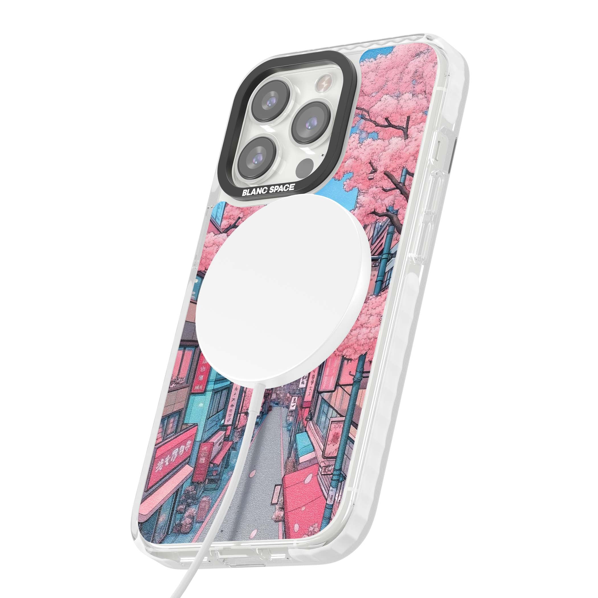 Sakura Lane anime iPhone case featuring Tokyo street scene with cherry blossoms and Mount Fuji | Impact Magsafe case for iPhone 13 Pro, iPhone 14 Pro, iPhone 15 Pro