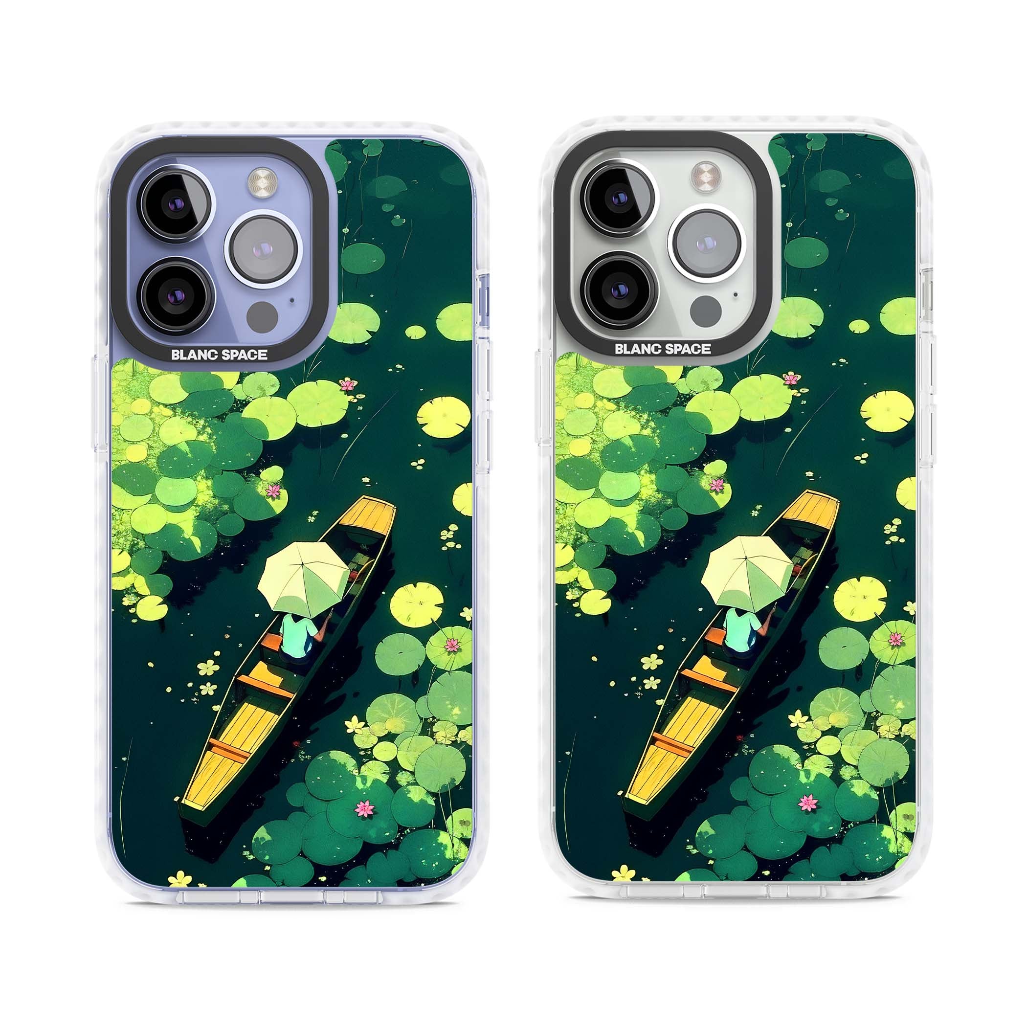 Jade Waters cottagecore iPhone case featuring a painted lily pond, wooden boat with parasol and floating water lilies | Impact Magsafe case for iPhone 13 Pro, iPhone 14 Pro, iPhone 15 Pro