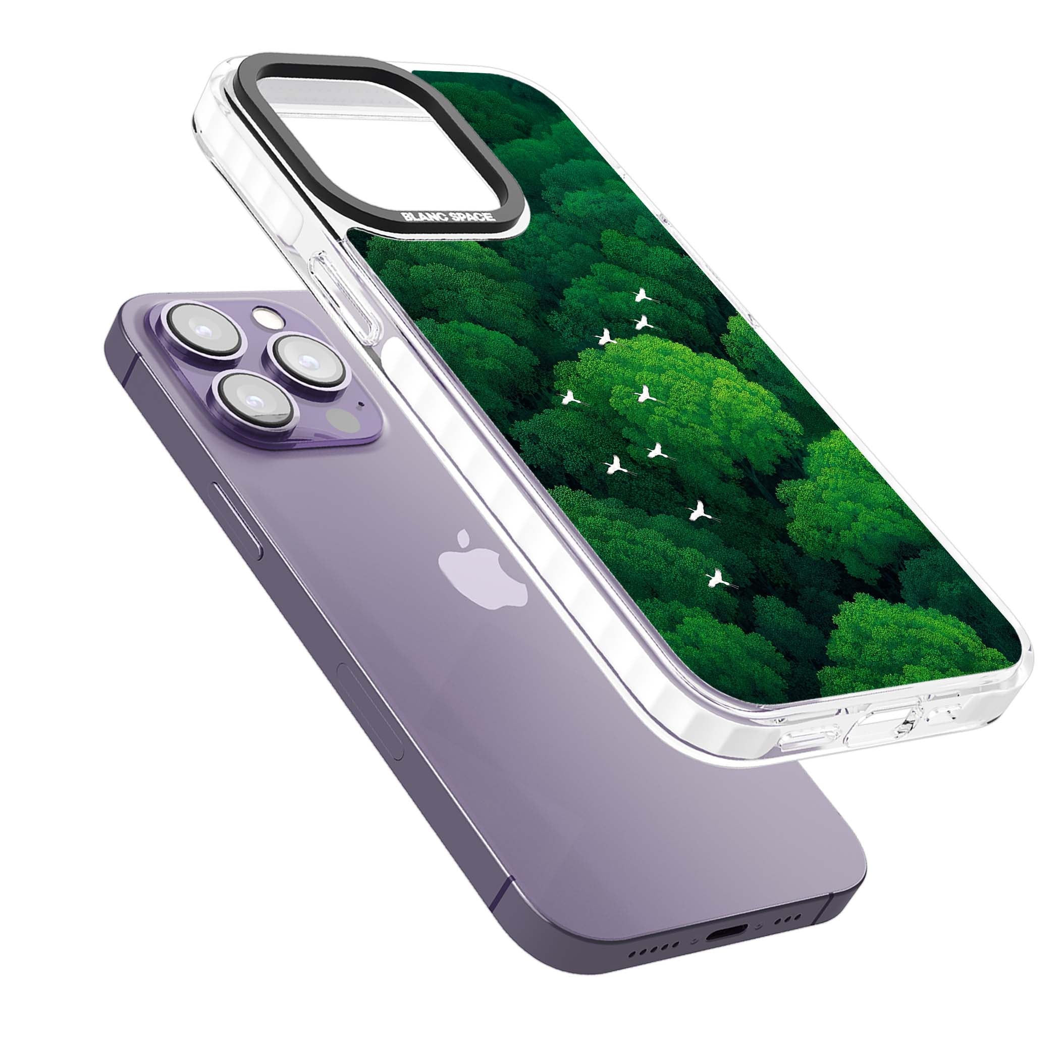 Grove Migration forest iPhone case featuring white cranes flying over lush green treetop canopy | Impact Magsafe case for iPhone 13 Pro, iPhone 14 Pro, iPhone 15 Pro