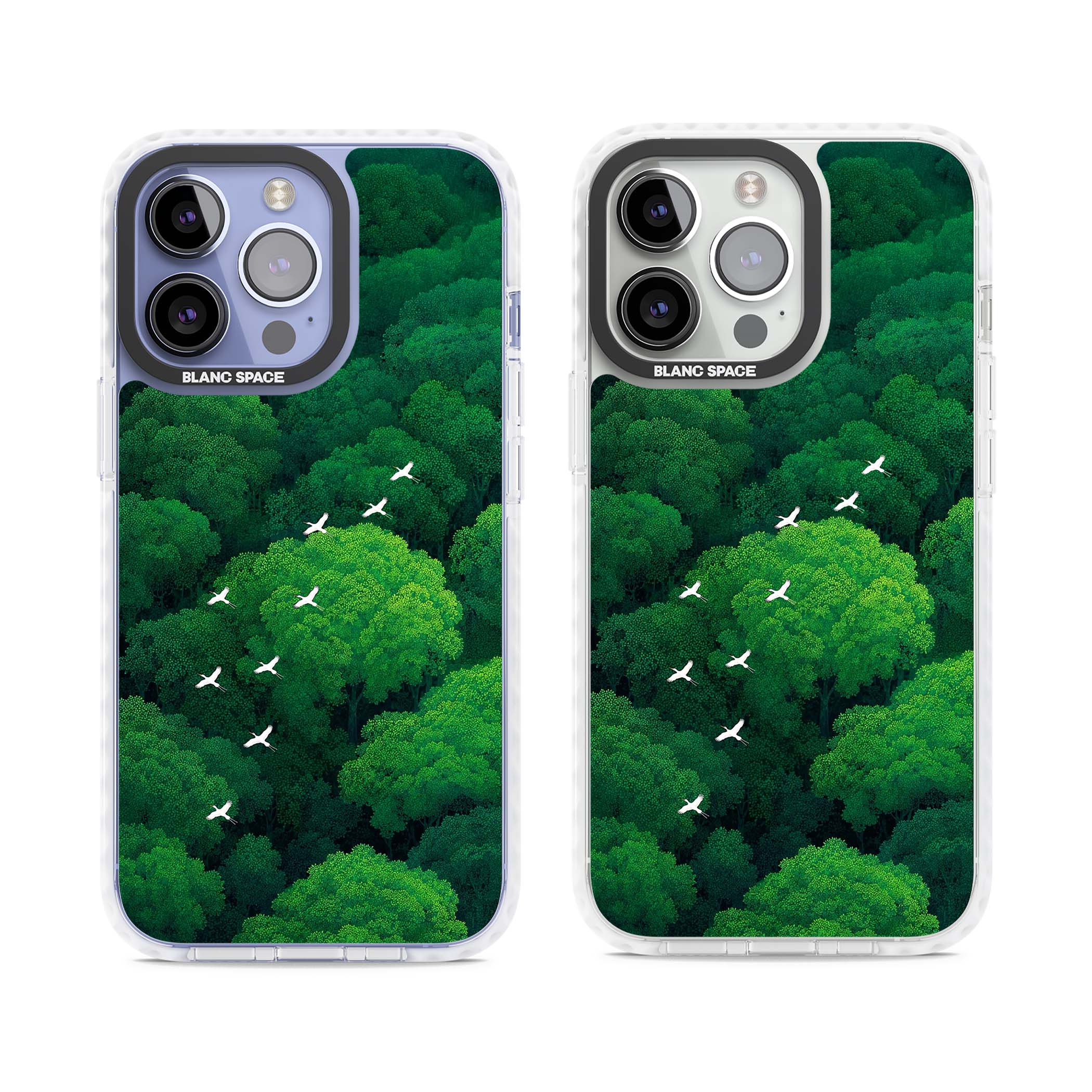 Grove Migration forest iPhone case featuring white cranes flying over lush green treetop canopy | Impact Magsafe case for iPhone 13 Pro, iPhone 14 Pro, iPhone 15 Pro