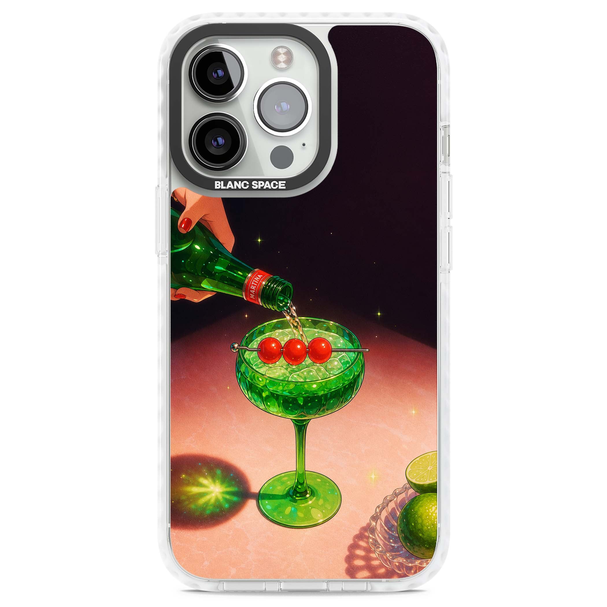 Absinthe Hour cocktail iPhone case featuring a green coupe glass, cherry garnish and vintage bottle pour illustration | Impact Magsafe case for iPhone 13 Pro, iPhone 14 Pro, iPhone 15 Pro