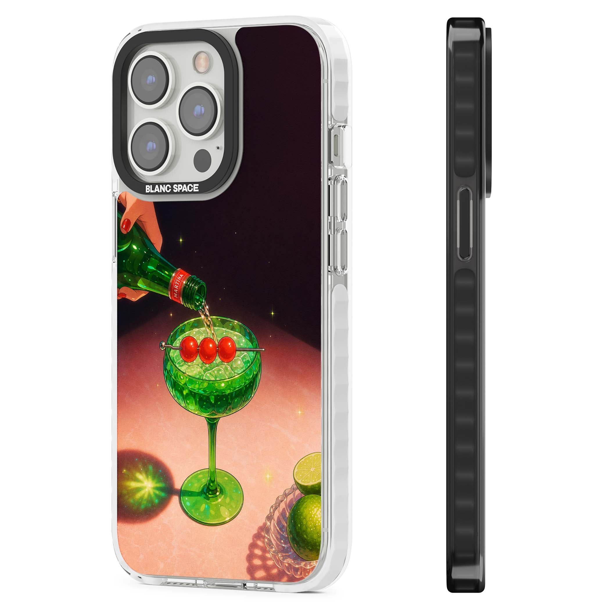 Absinthe Hour cocktail iPhone case featuring a green coupe glass, cherry garnish and vintage bottle pour illustration | Impact Magsafe case for iPhone 13 Pro, iPhone 14 Pro, iPhone 15 Pro