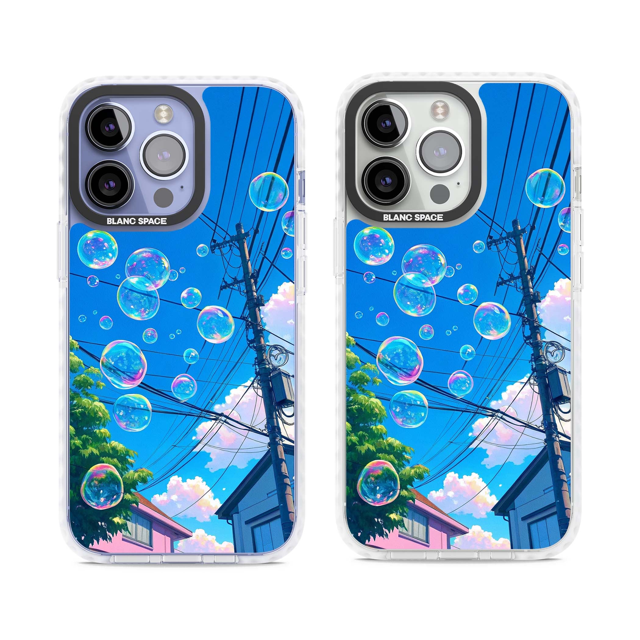 Suburban Bubbles anime iPhone case featuring iridescent soap bubbles, blue sky and Japanese telephone wires | Impact Magsafe case for iPhone 13 Pro, iPhone 14 Pro, iPhone 15 Pro