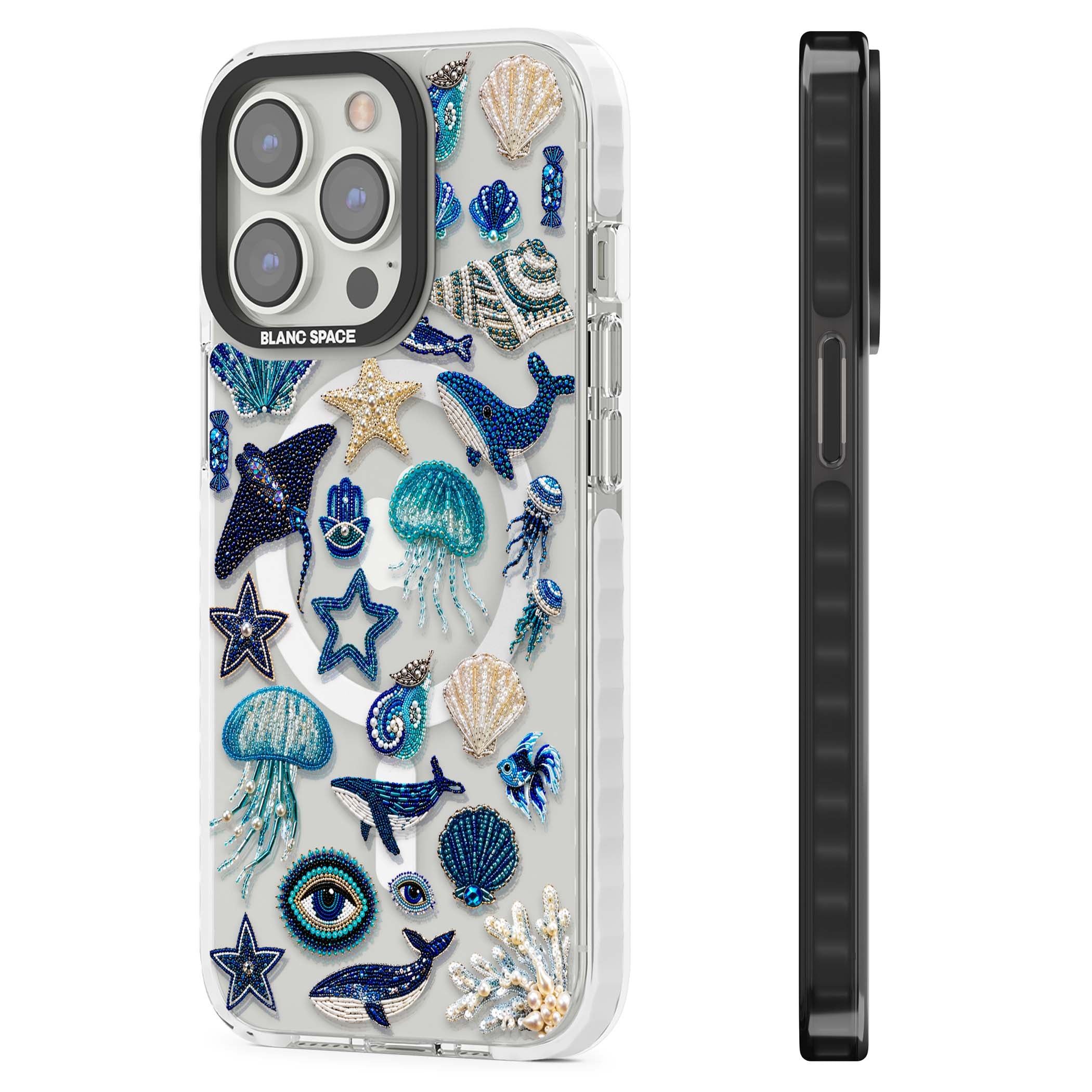 Beaded Coastal coastal iPhone case featuring embroidered seashells, jellyfish and a blue whale on clear | Impact Magsafe case for iPhone 13 Pro, iPhone 14 Pro, iPhone 15 Pro