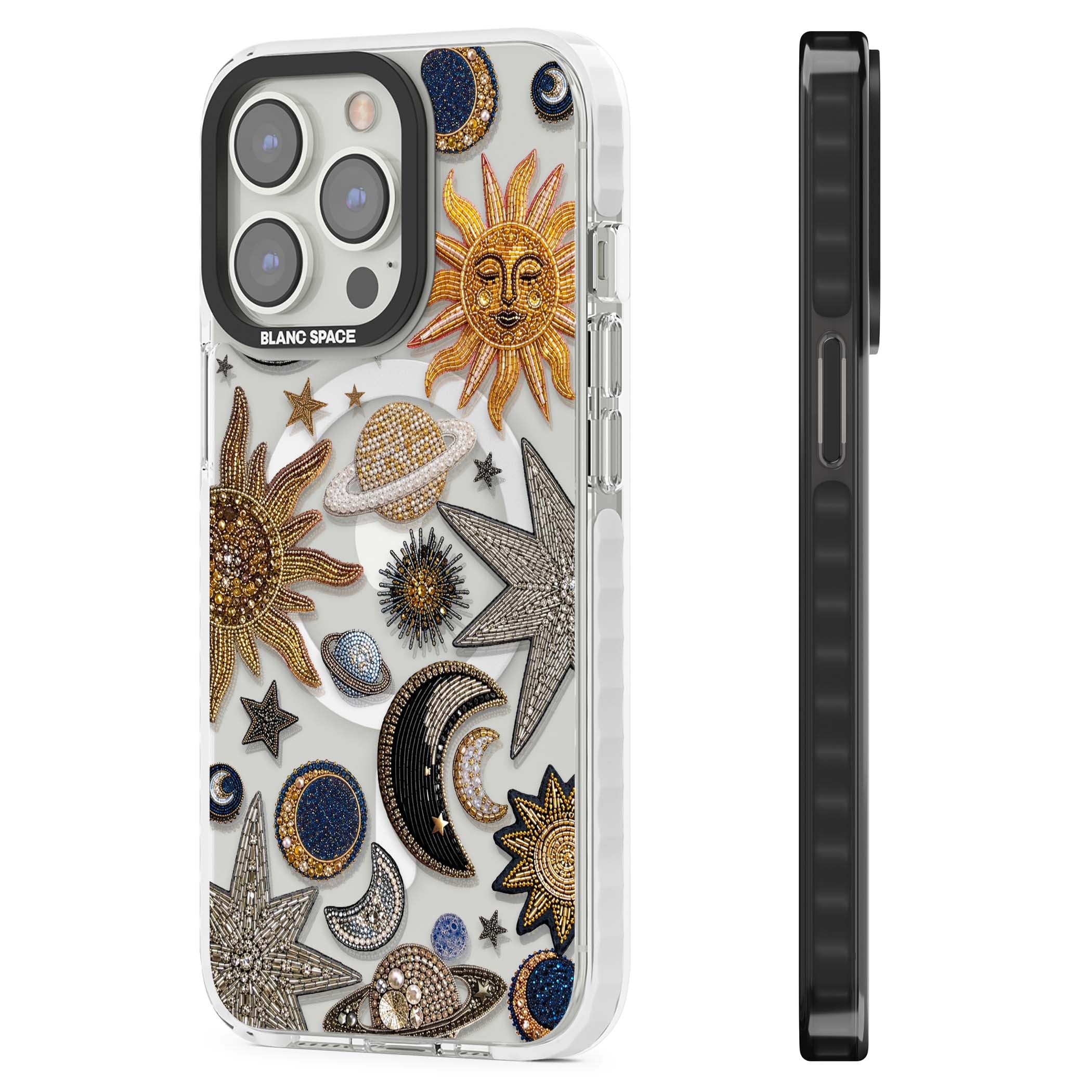 Beaded Cosmos celestial iPhone case featuring embroidered golden suns, beaded planets and silver shooting stars | Impact Magsafe case for iPhone 13 Pro, iPhone 14 Pro, iPhone 15 Pro