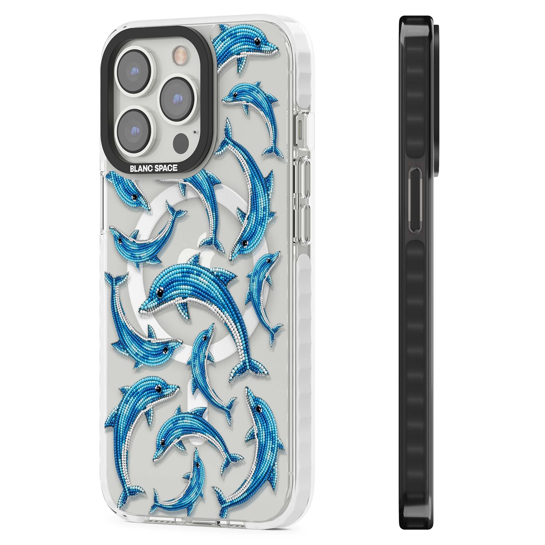 Beaded Dolphins coastal iPhone case featuring beaded dolphins in blue and white swimming across a clear background | Impact Magsafe case for iPhone 13 Pro, iPhone 14 Pro, iPhone 15 Pro