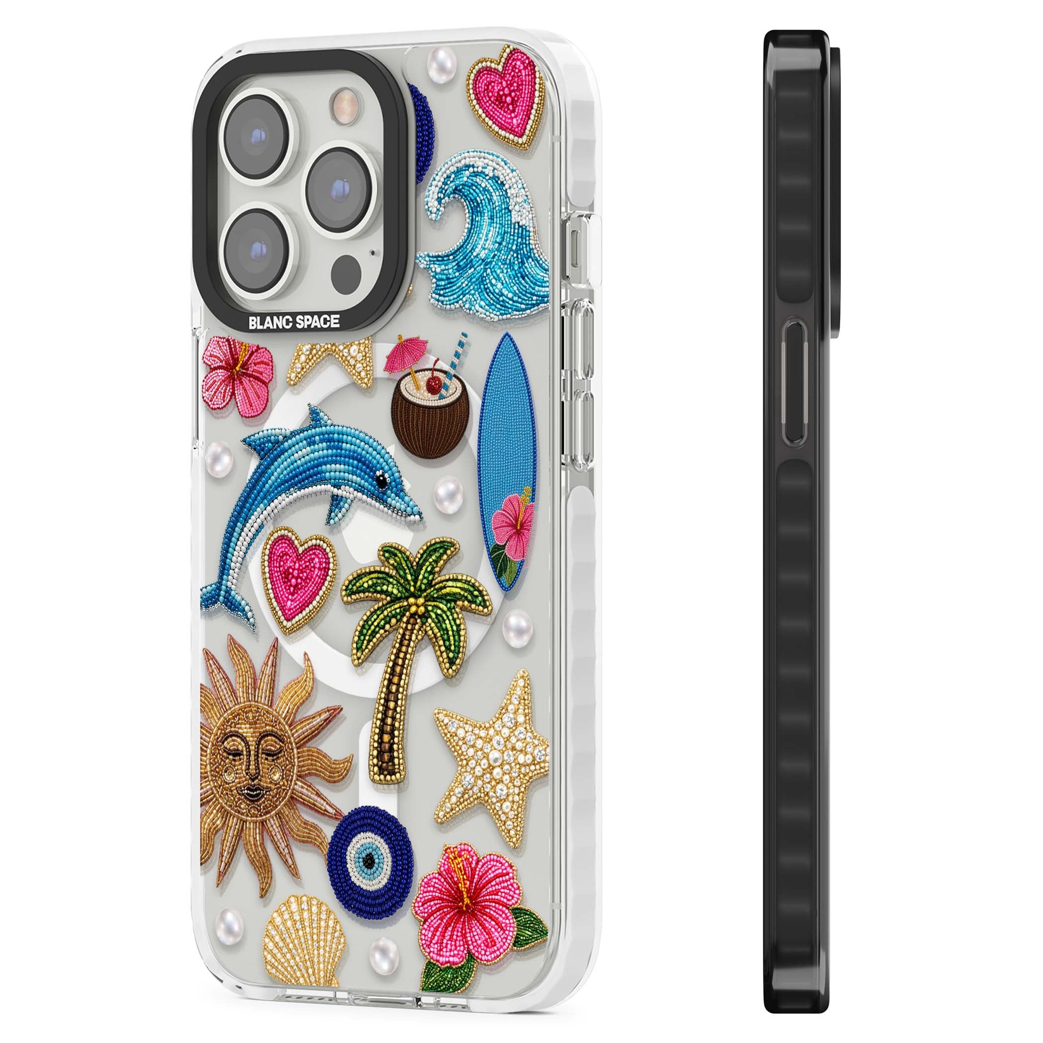 Beaded Beach coastal summer iPhone case featuring embroidered evil eye, hibiscus flowers, dolphin and palm tree patches | Impact Magsafe case for iPhone 13 Pro, iPhone 14 Pro, iPhone 15 Pro