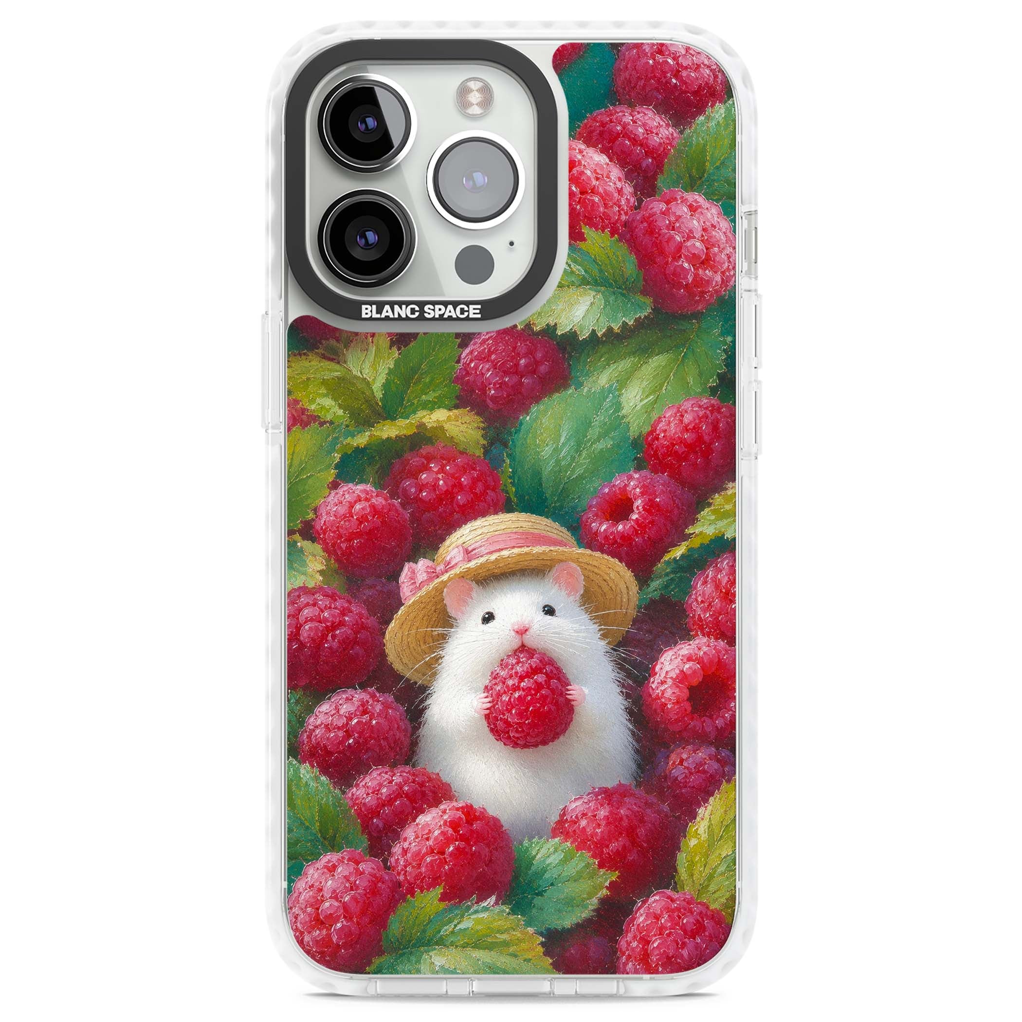 Berry Forager cottagecore iPhone case featuring a white hamster in a straw hat holding a raspberry surrounded by ripe ber | Impact Magsafe case for iPhone 13 Pro, iPhone 14 Pro, iPhone 15 Pro