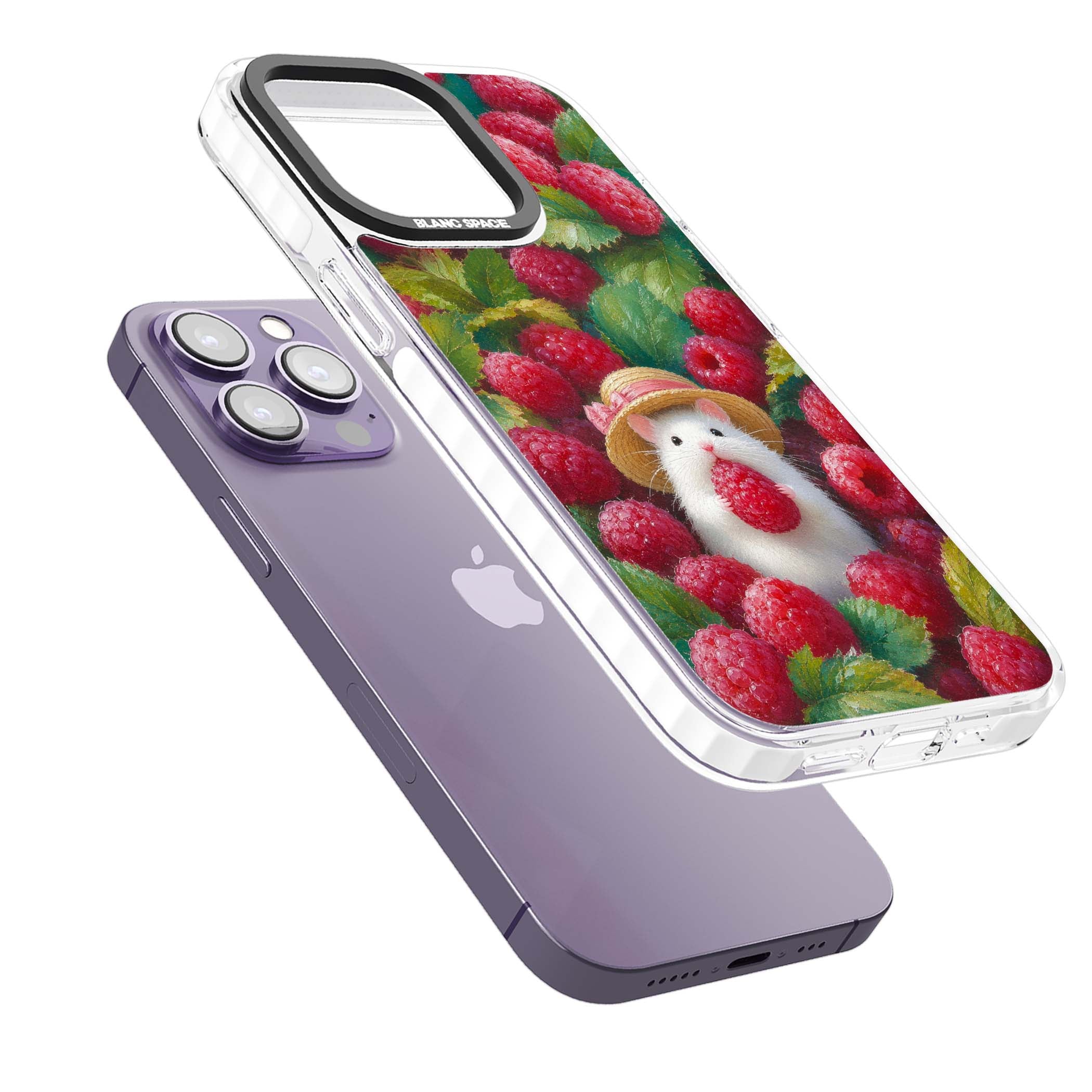 Berry Forager cottagecore iPhone case featuring a white hamster in a straw hat holding a raspberry surrounded by ripe ber | Impact Magsafe case for iPhone 13 Pro, iPhone 14 Pro, iPhone 15 Pro