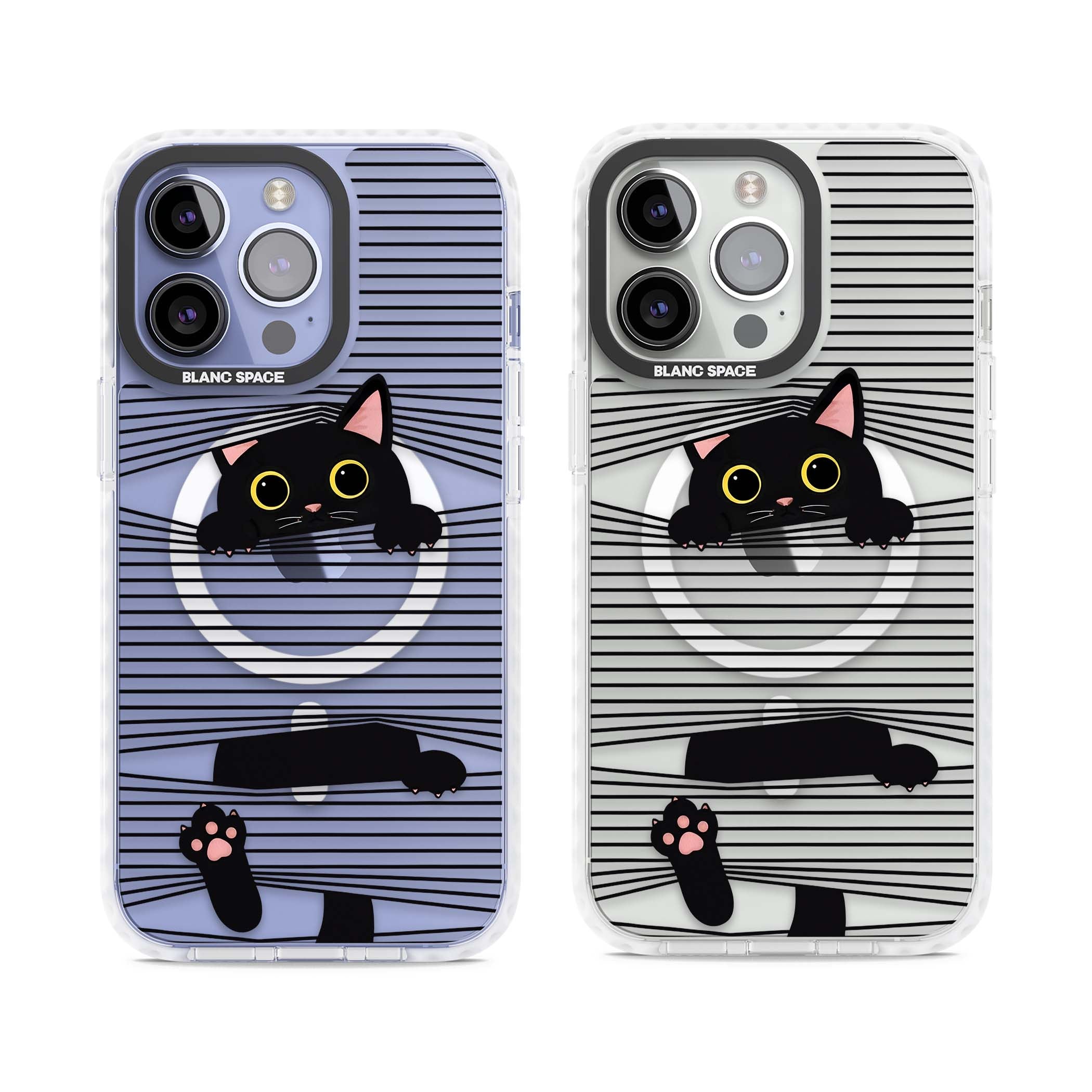 Peek-a-Boo Cat minimal iPhone case featuring black cat peeking through horizontal black and white stripes | Impact Magsafe case for iPhone 13 Pro, iPhone 14 Pro, iPhone 15 Pro