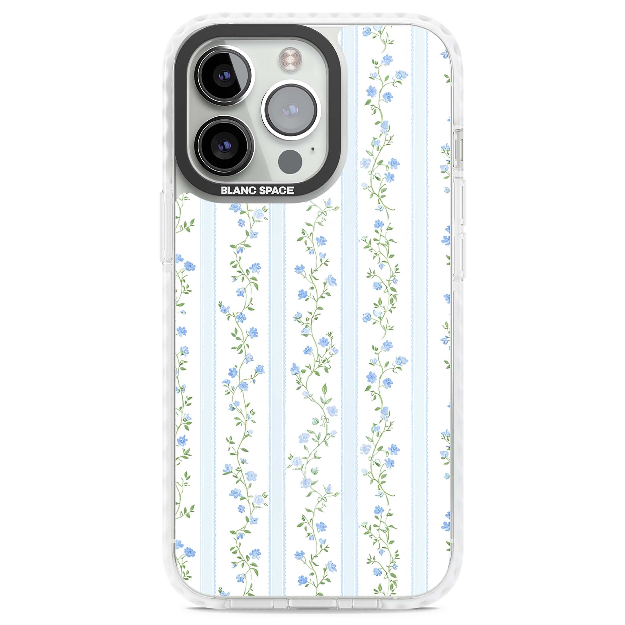 Bluebell Vine cottagecore iPhone case featuring climbing blue roses, trailing green vines, and pale ticking stripes | Impact Magsafe case for iPhone 13 Pro, iPhone 14 Pro, iPhone 15 Pro