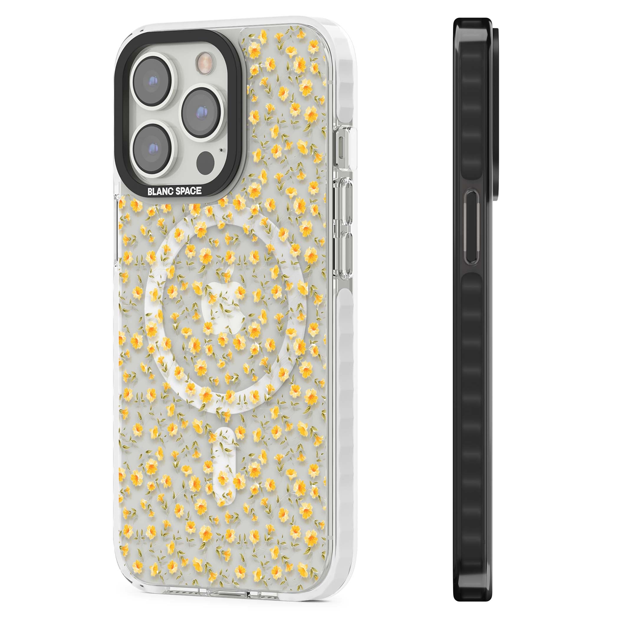 Buttercup wildflower iPhone case featuring tiny yellow flowers and trailing green vines on clear | Impact Magsafe case for iPhone 13 Pro, iPhone 14 Pro, iPhone 15 Pro