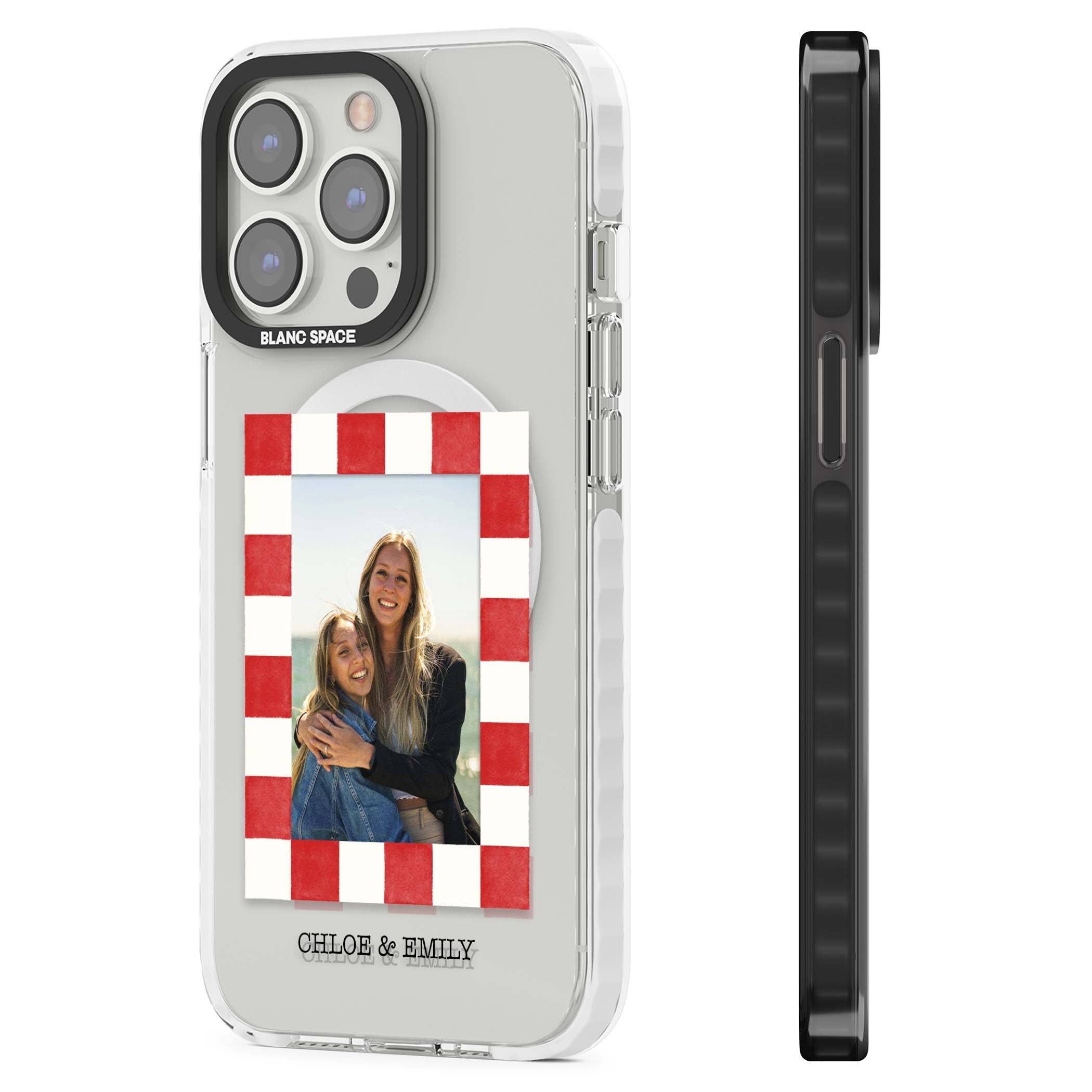 Red Check Photo personalised photo iPhone case with red and white checkered polaroid frame and custom couple name | Impact Magsafe case for iPhone 13 Pro, iPhone 14 Pro, iPhone 15 Pro