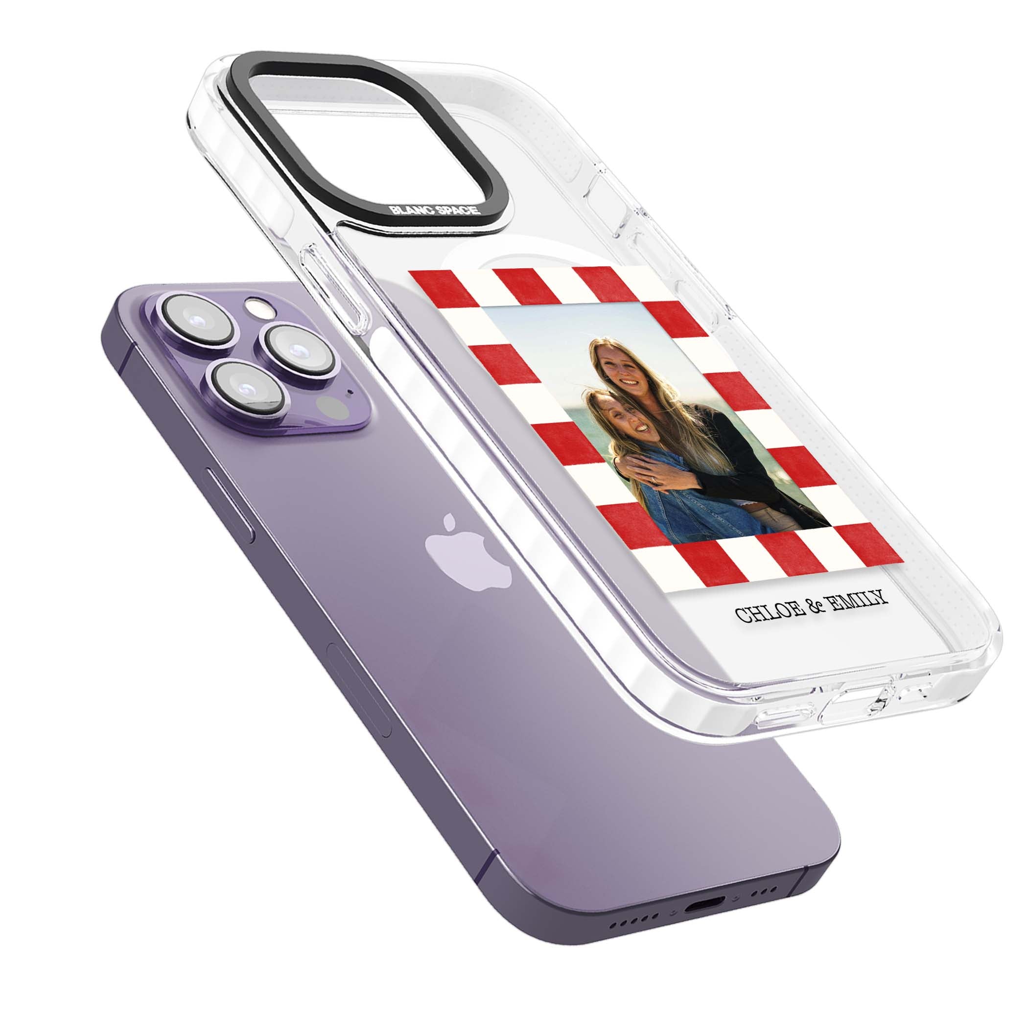 Red Check Photo personalised photo iPhone case with red and white checkered polaroid frame and custom couple name | Impact Magsafe case for iPhone 13 Pro, iPhone 14 Pro, iPhone 15 Pro