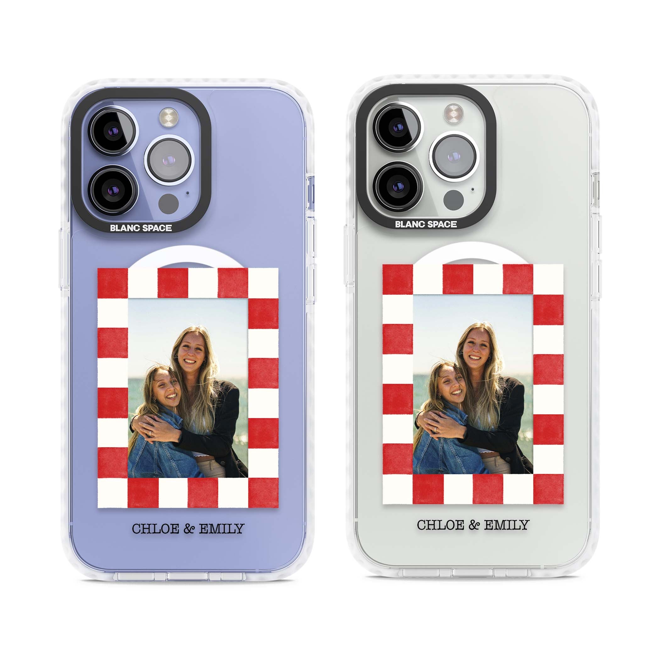 Red Check Photo personalised photo iPhone case with red and white checkered polaroid frame and custom couple name | Impact Magsafe case for iPhone 13 Pro, iPhone 14 Pro, iPhone 15 Pro