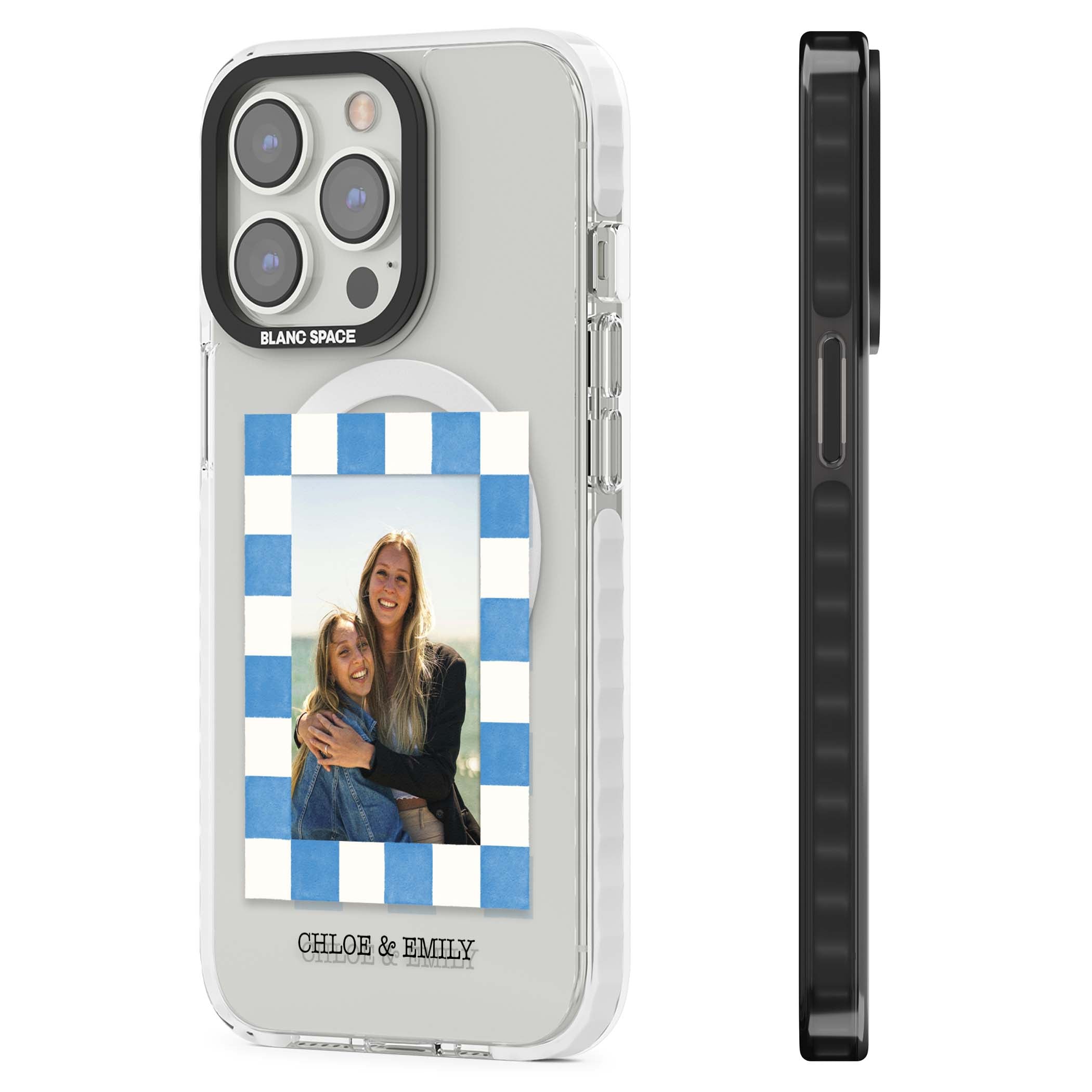 Blue Check Photo personalised photo iPhone case with blue checkered frame and custom couple names | Impact Magsafe case for iPhone 13 Pro, iPhone 14 Pro, iPhone 15 Pro