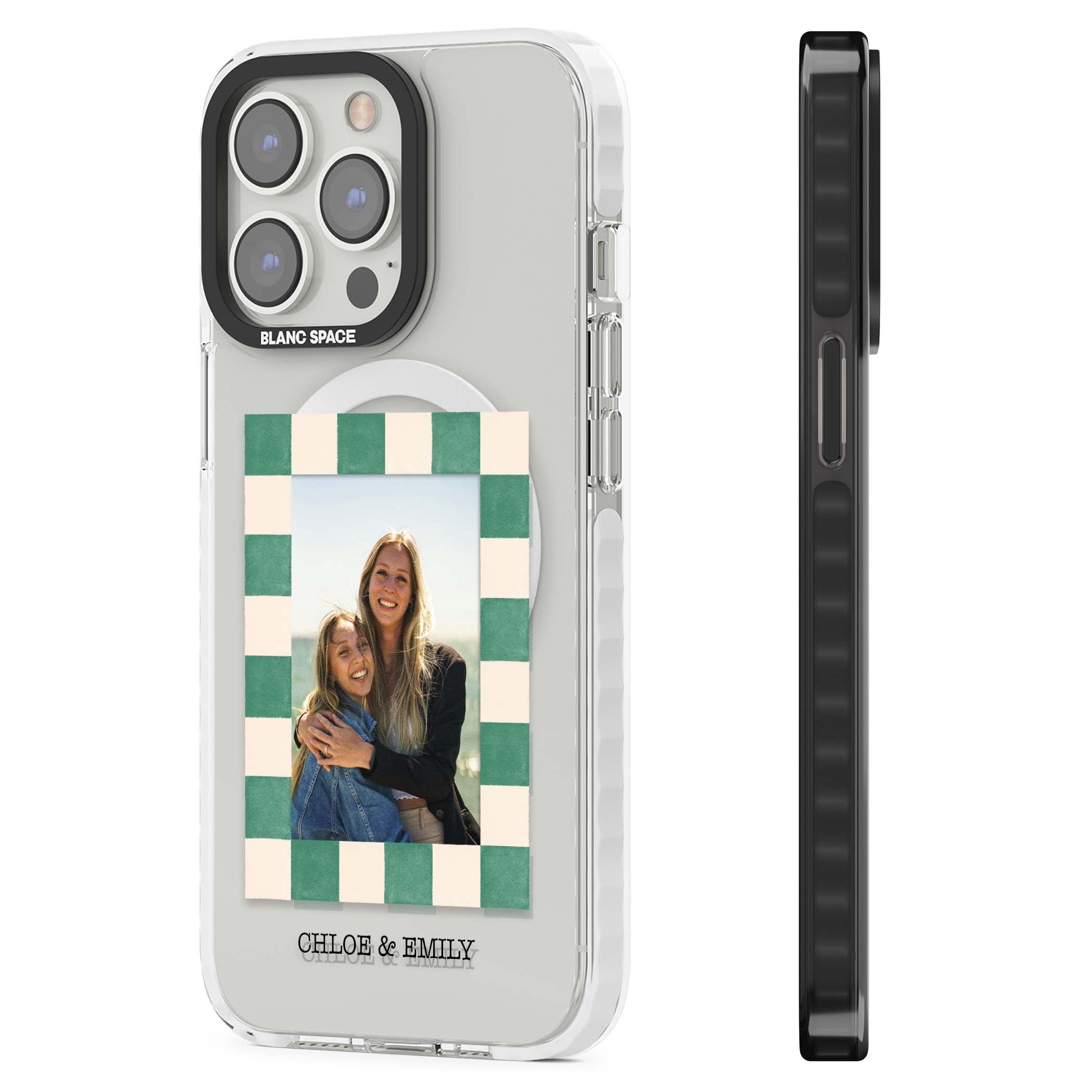 Seafoam Check Photo personalised iPhone case featuring a custom polaroid photo, green and cream checkered frame, and custom n | Impact Magsafe case for iPhone 13 Pro, iPhone 14 Pro, iPhone 15 Pro