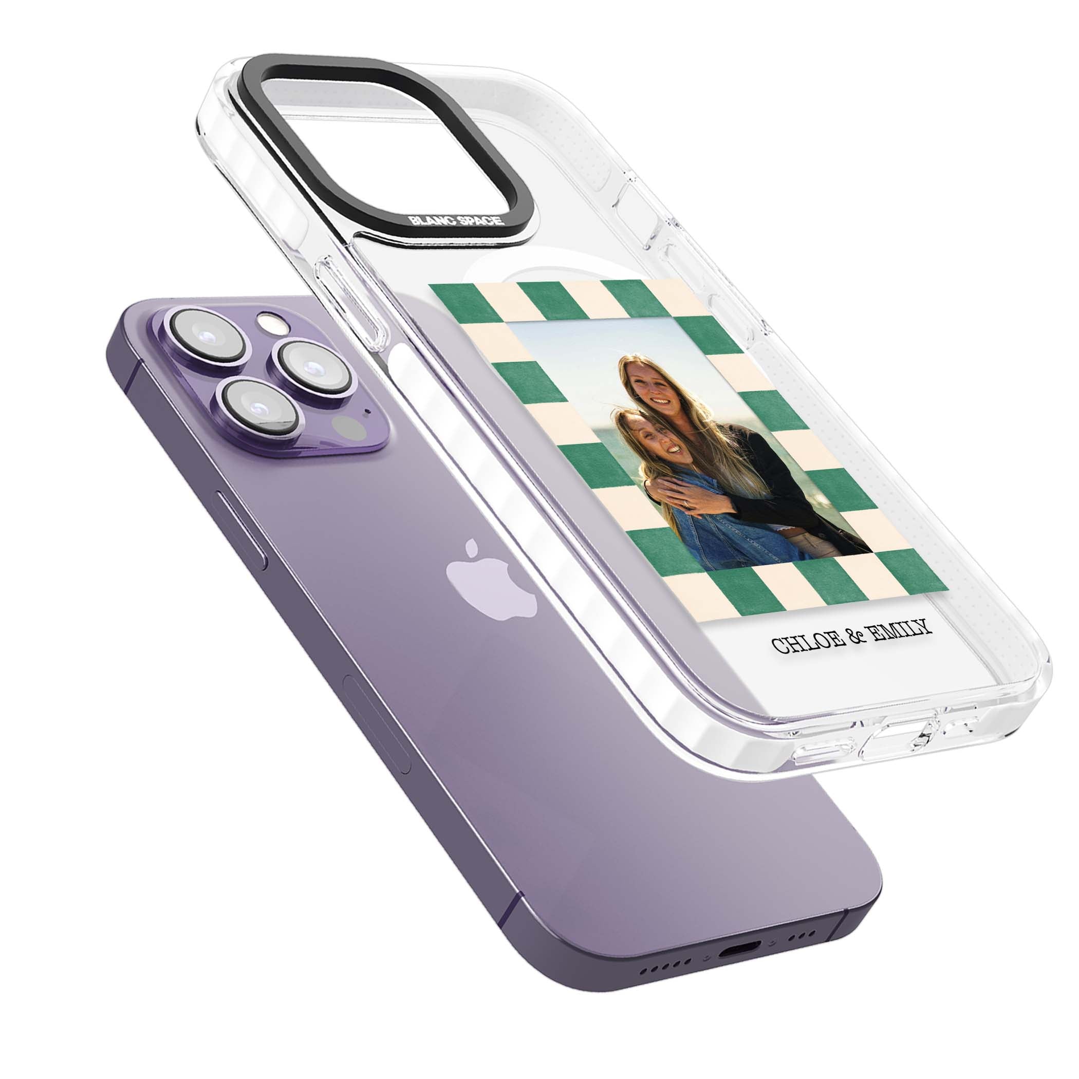 Seafoam Check Photo personalised iPhone case featuring a custom polaroid photo, green and cream checkered frame, and custom n | Impact Magsafe case for iPhone 13 Pro, iPhone 14 Pro, iPhone 15 Pro